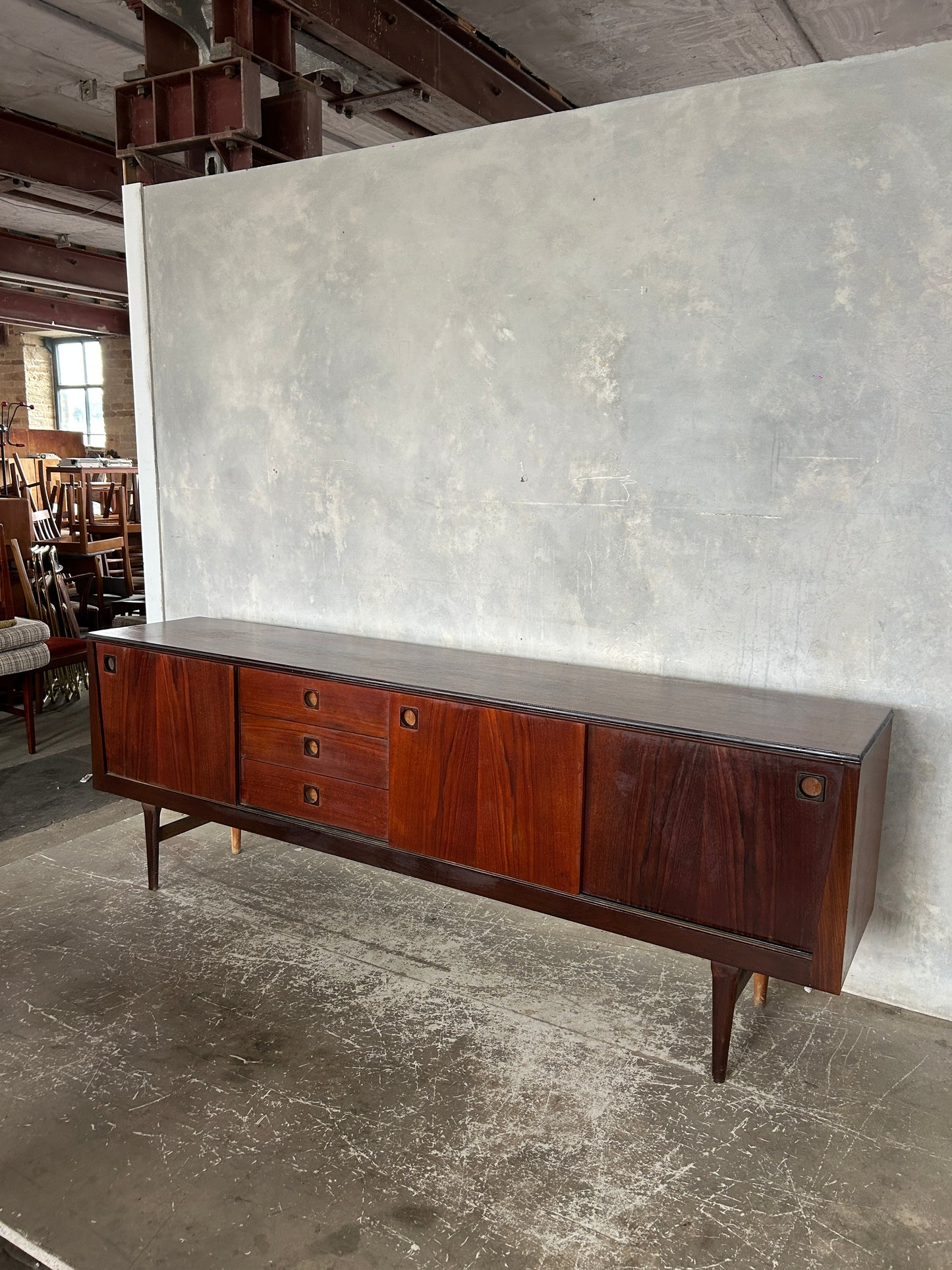 Danish Mid-Century Rosewood Sideboard | Vintage Long Credenza with Drawers & Sliding Doors