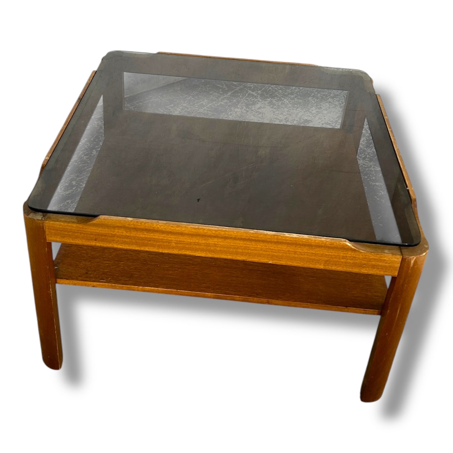 Myers Square Coffee Table | Mid Century Smoked Glass Top with Shelf