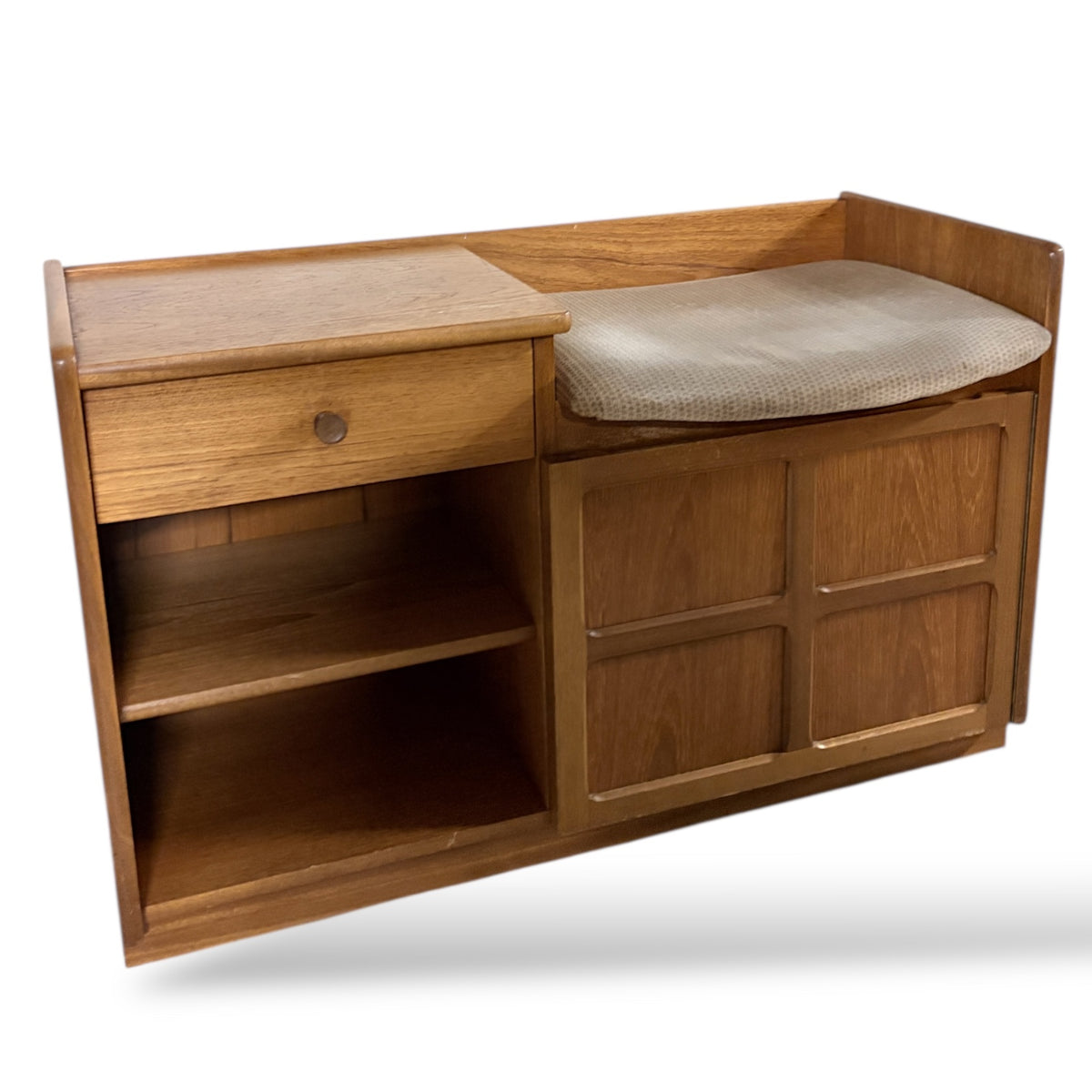 Teak Telephone Bench – Mid Century Vintage Hallway Seat With Storage Drawer