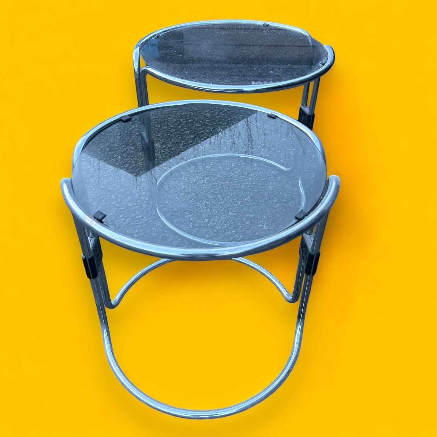 Mid Century Italian Chrome and Smoked Glass Round Nest of Tables