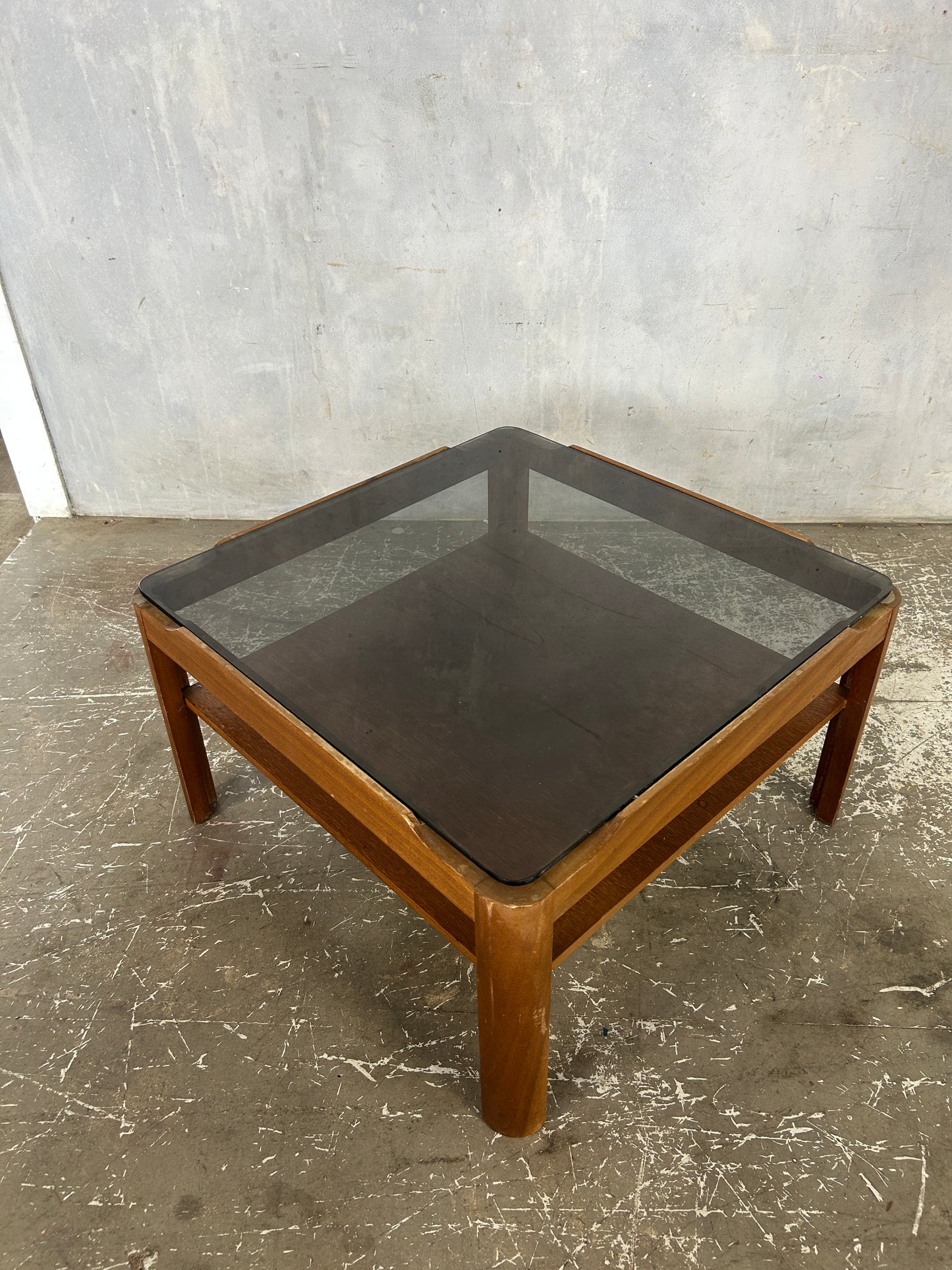 Myers Square Coffee Table | Mid Century Smoked Glass Top with Shelf