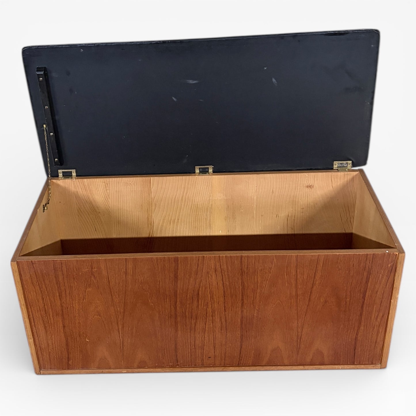 Mid Century Teak Blanket Box – Vintage Storage Ottoman With Black Leather Seat Bench