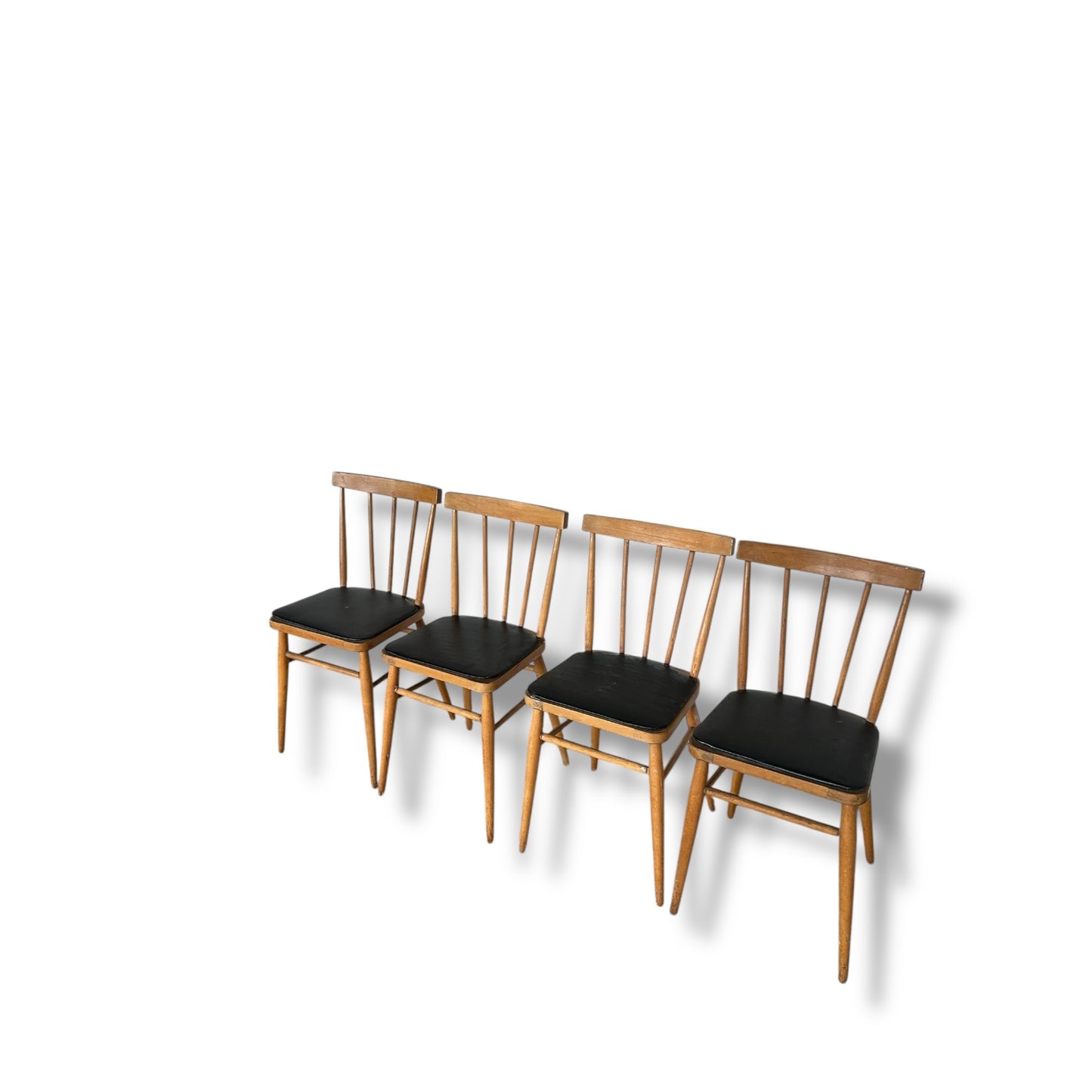 Set of 4 Vintage Stick Back Dining Chairs | Mid-Century Kitchen Chairs with Black Vinyl Seats