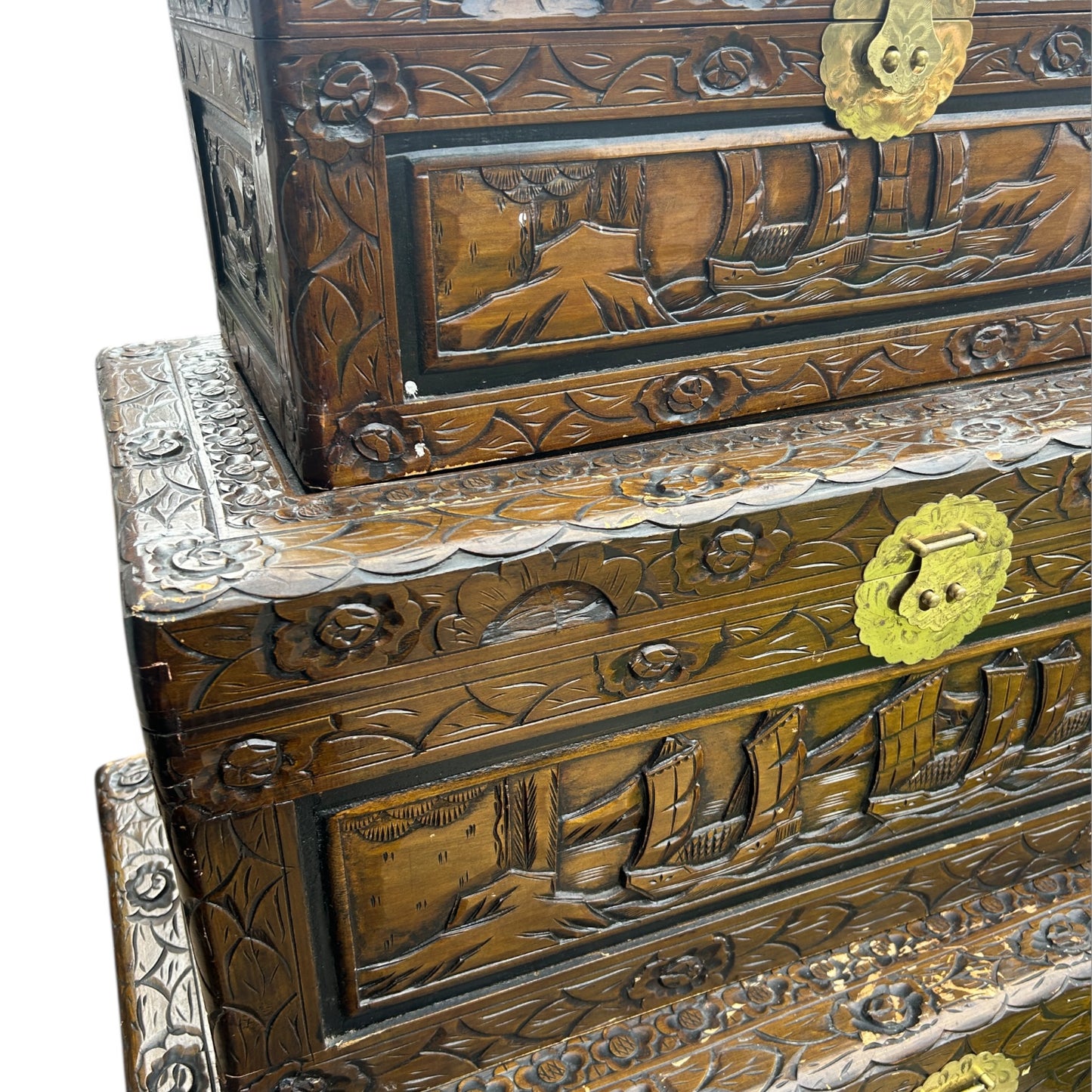 Vintage Chinese carved Camphor wood set of three stacking chests