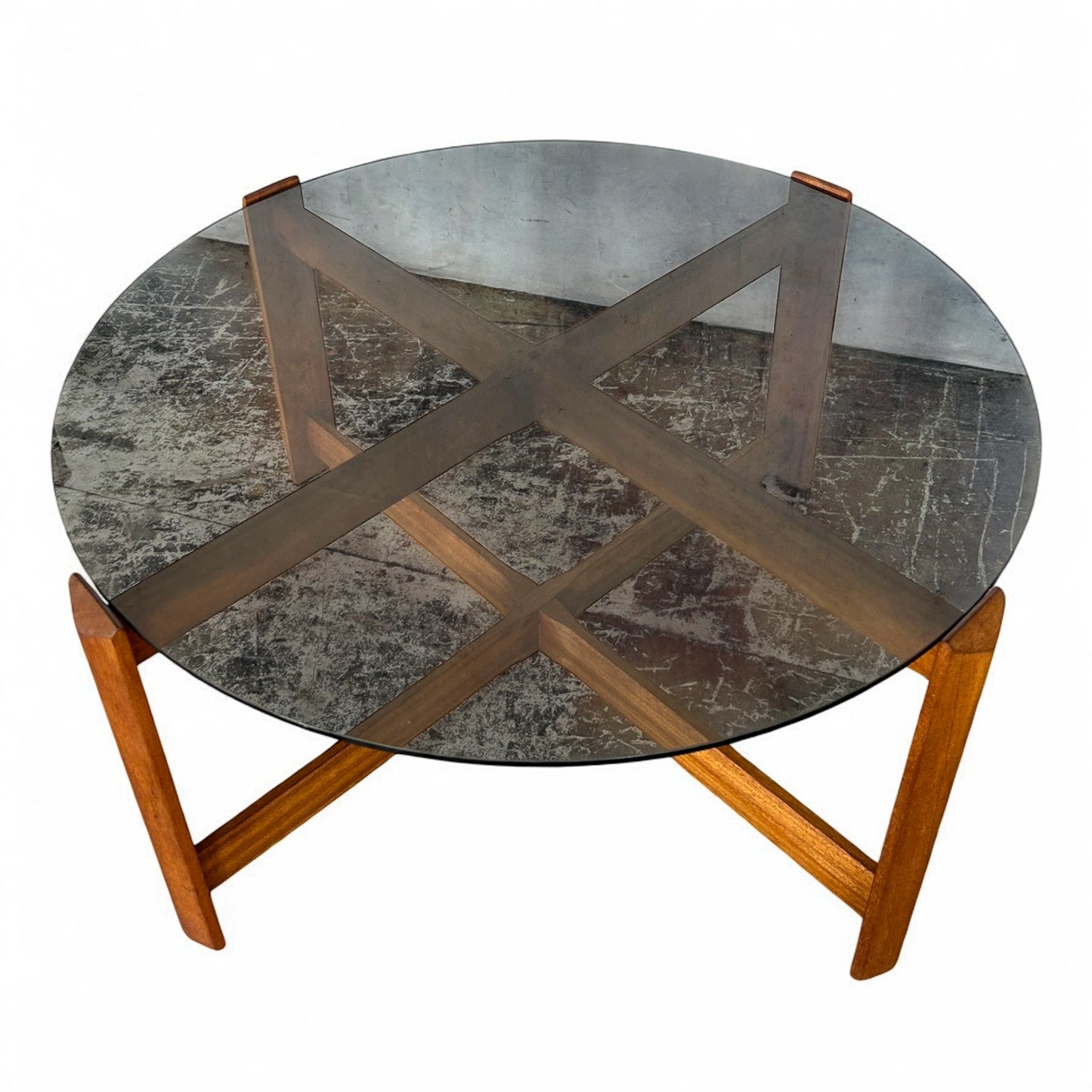 Mid Century Modern Myers Smoked Glass and Teak Wood Coffee Table