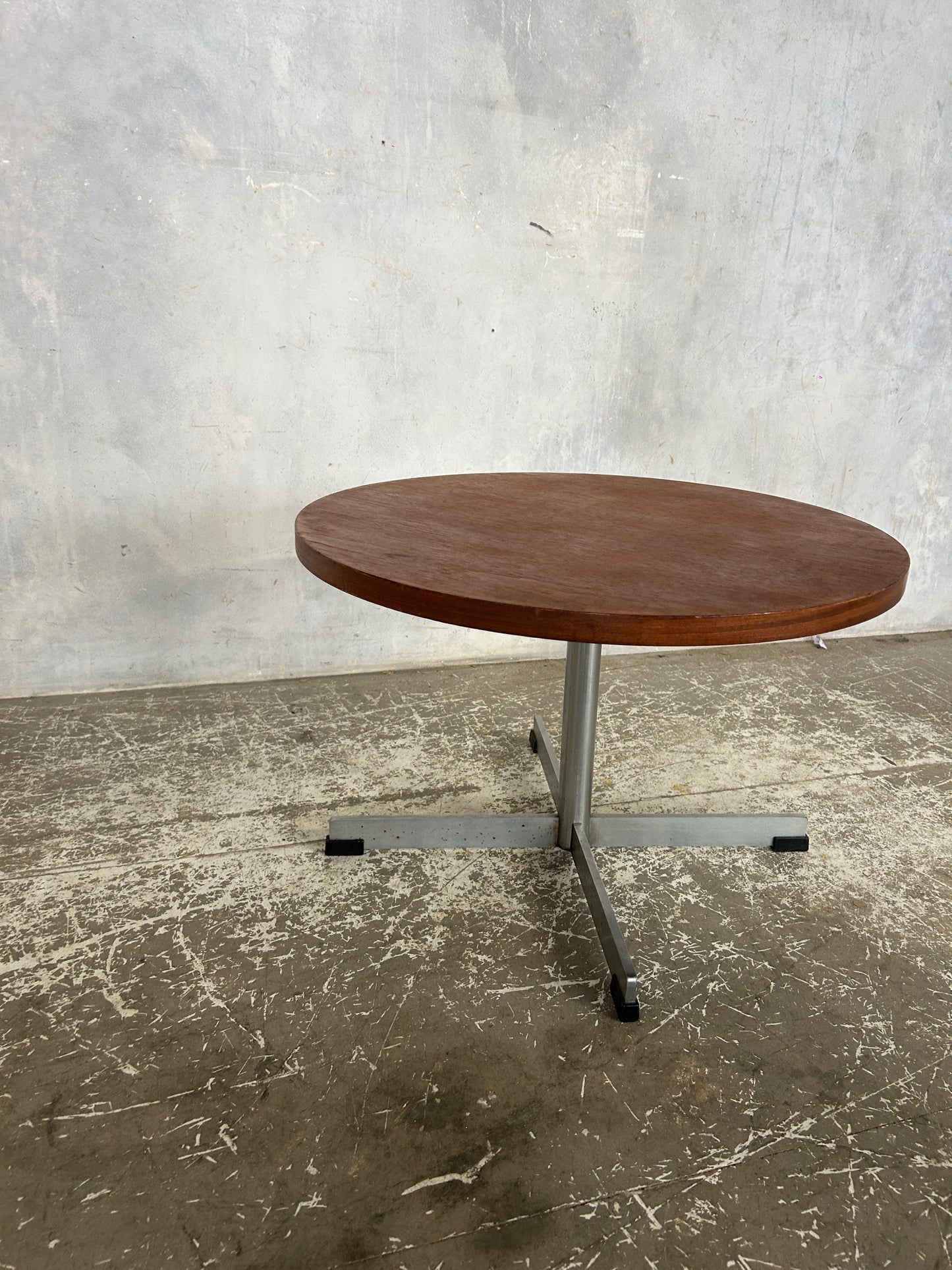 Danish Mid Century Round Coffee Table | Teak & Chrome Cross Base