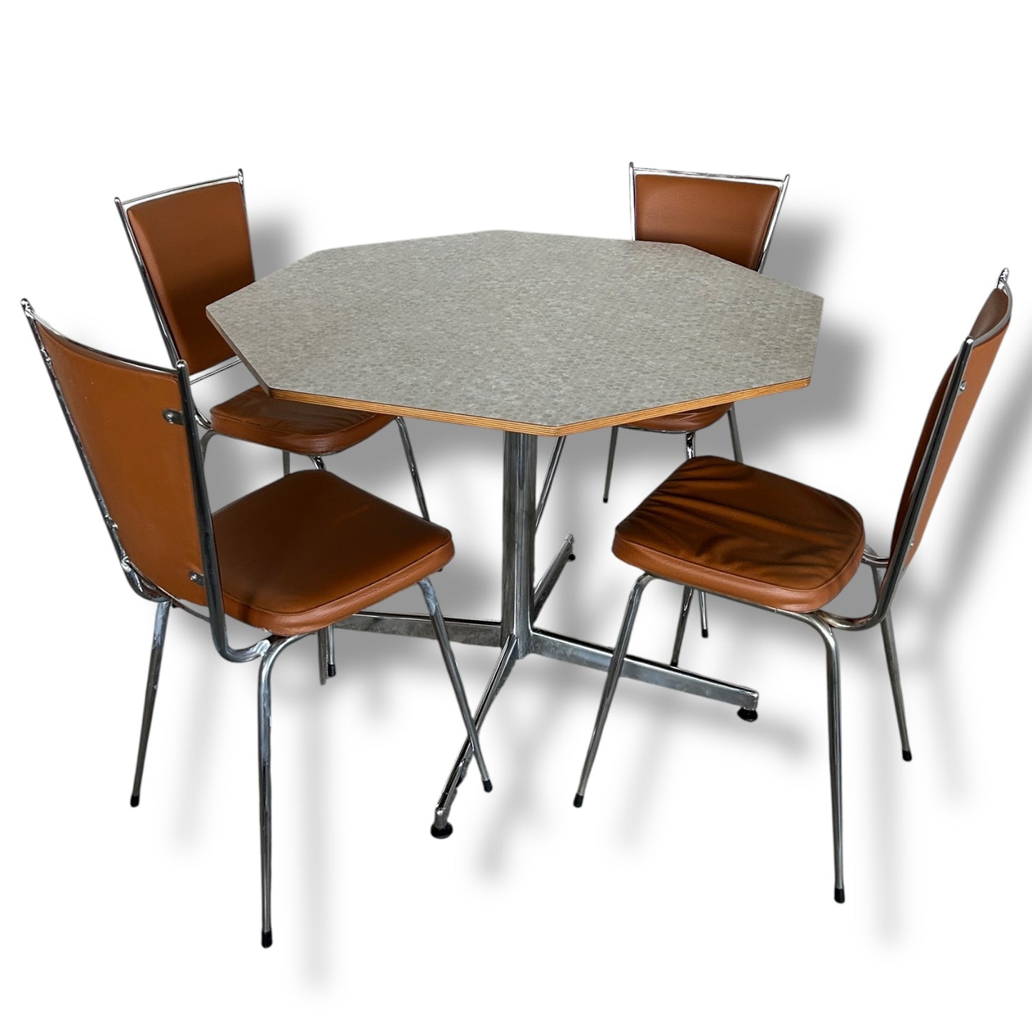 Mid Century Modern Hexagonal Formica Dining Table and French Leatherette Chairs Set
