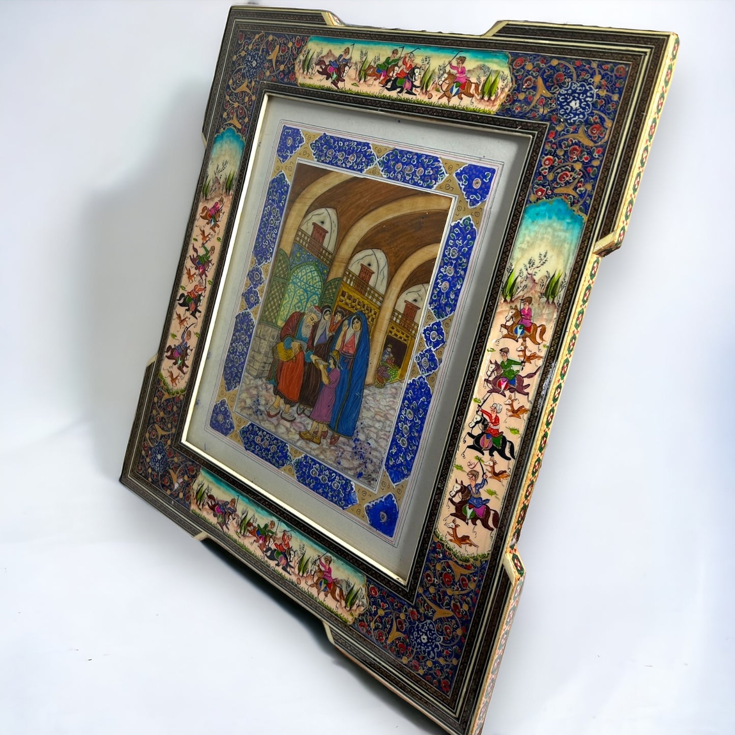 Vintage 1950s Persian Khatam Mosaic Watercolour Painting