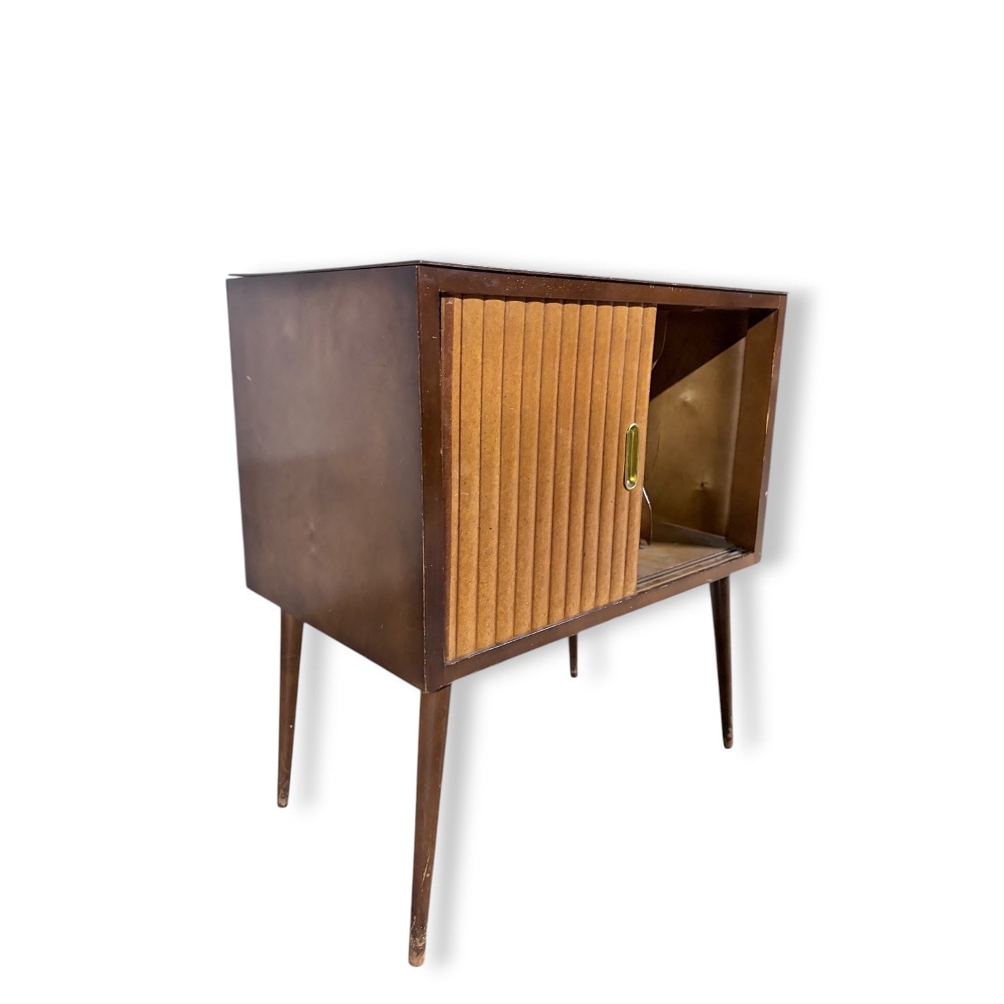 Mid-Century Record Cabinet – Vintage Media Cabinet with Tambour Door & Walnut Finish