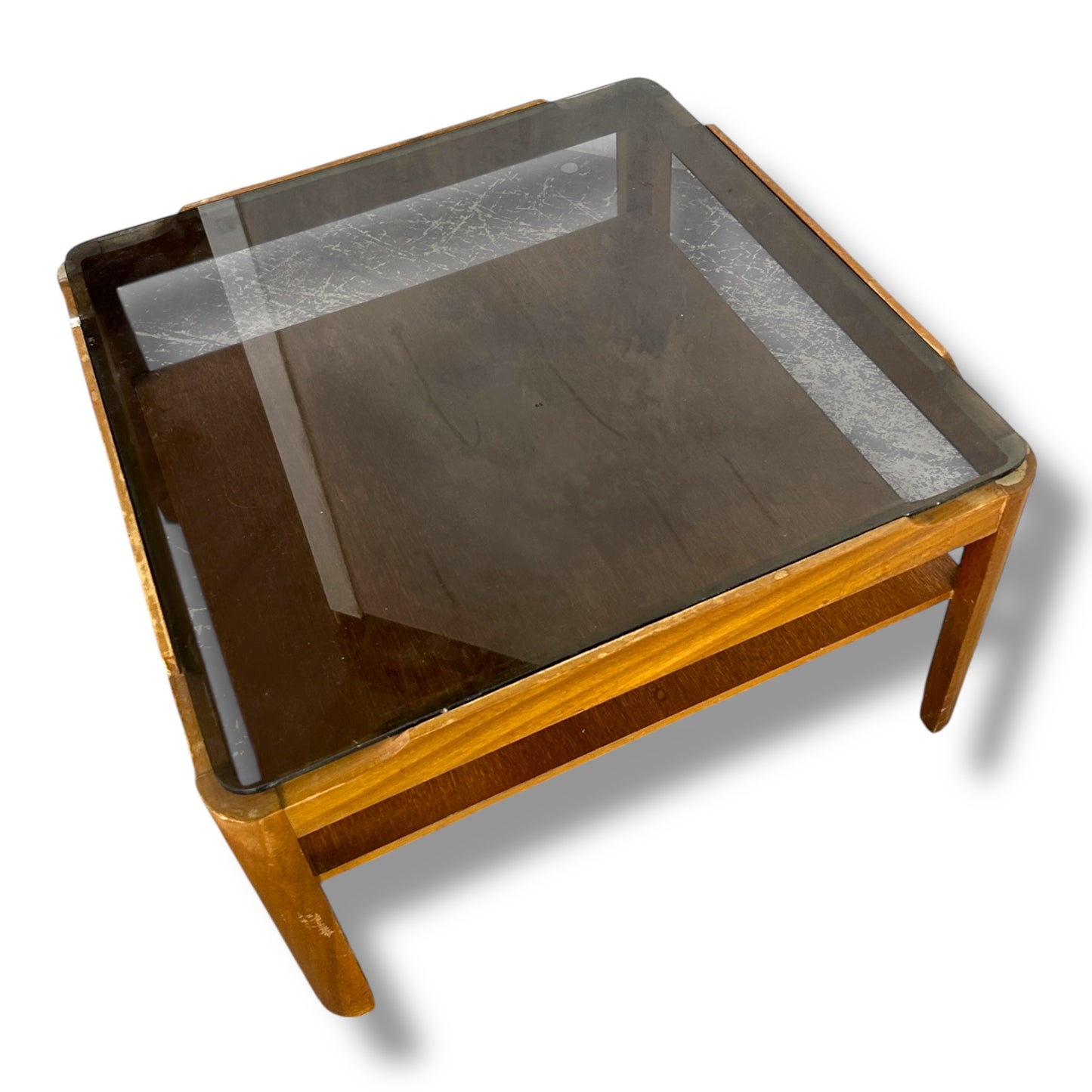 Myers Square Coffee Table | Mid Century Smoked Glass Top with Shelf