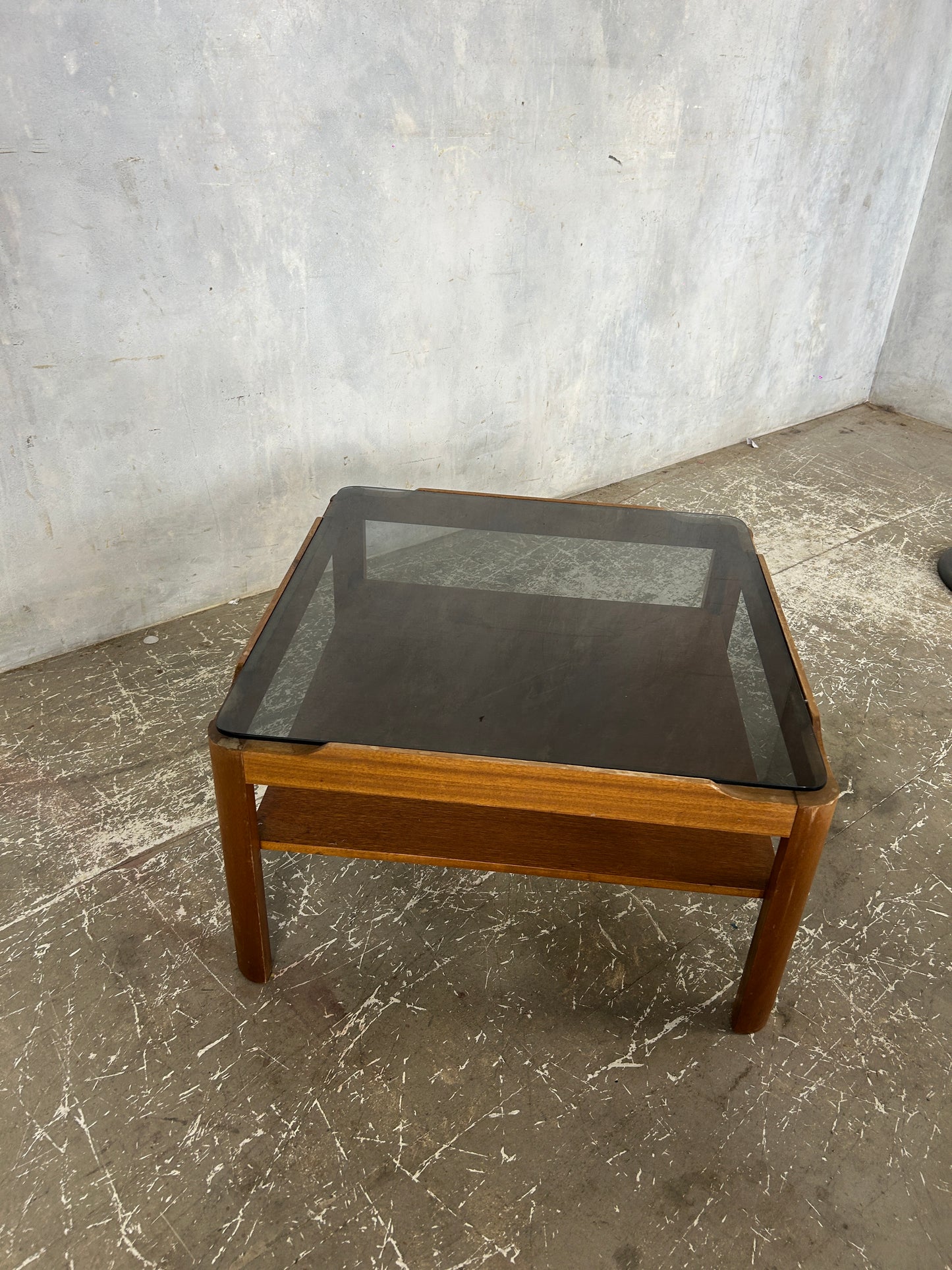 Myers Square Coffee Table | Mid Century Smoked Glass Top with Shelf