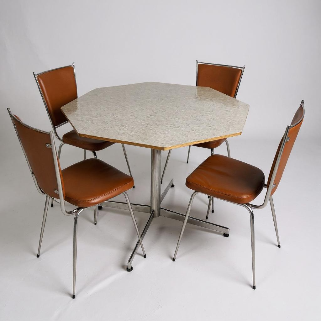 Mid Century Modern Hexagonal Formica Dining Table and French Leatherette Chairs Set