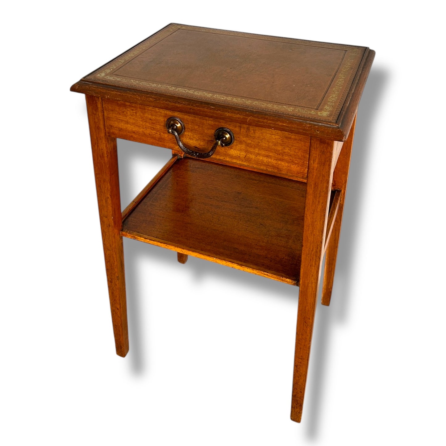Vintage Oak Bedside Cabinet with Drawer & Leather Inlay Top | Antique Nightstand Table