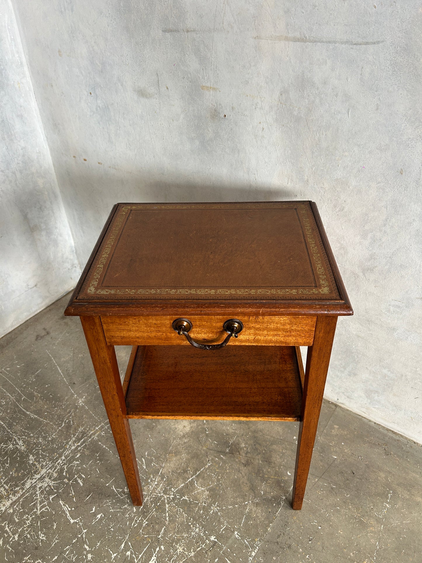 Vintage Oak Bedside Cabinet with Drawer & Leather Inlay Top | Antique Nightstand Table