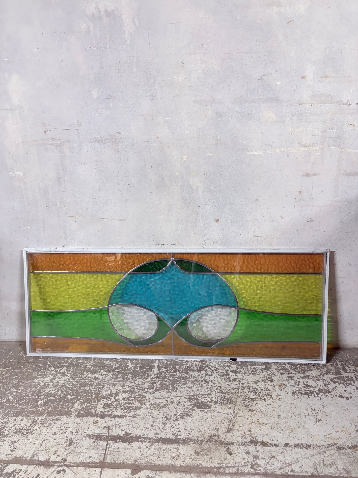 Vintage Stained Glass Window Panel – Mid Century Geometric Design