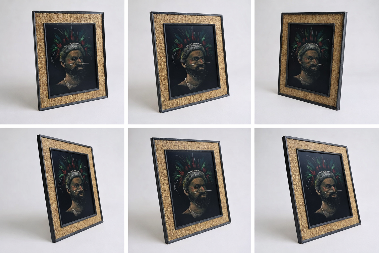 Vintage Ethnographic Portrait on Velvet – Signed Hessian Framed Artwork