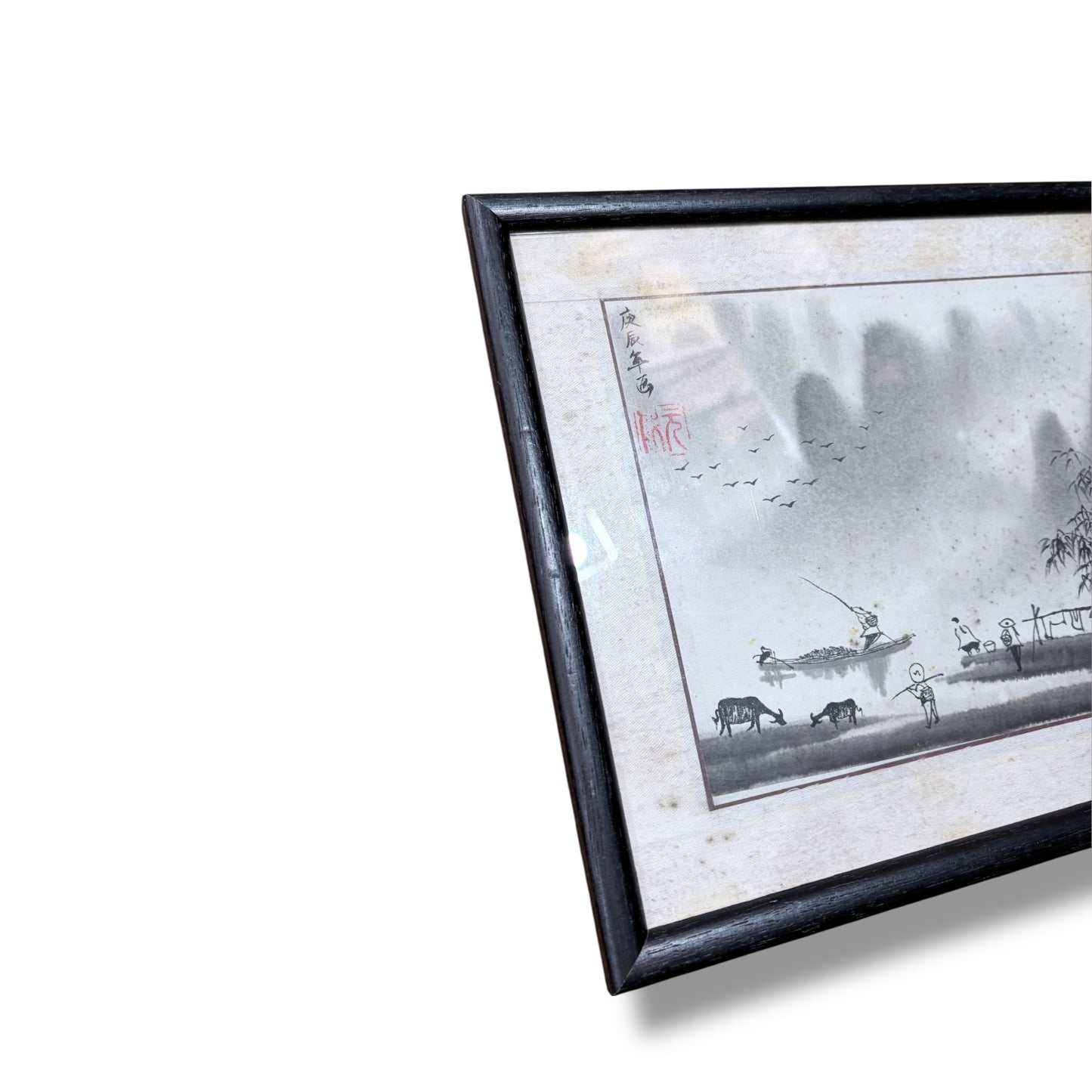 Vintage Oriental Ink Landscape Painting – Framed Asian Watercolour Artwork — view 8