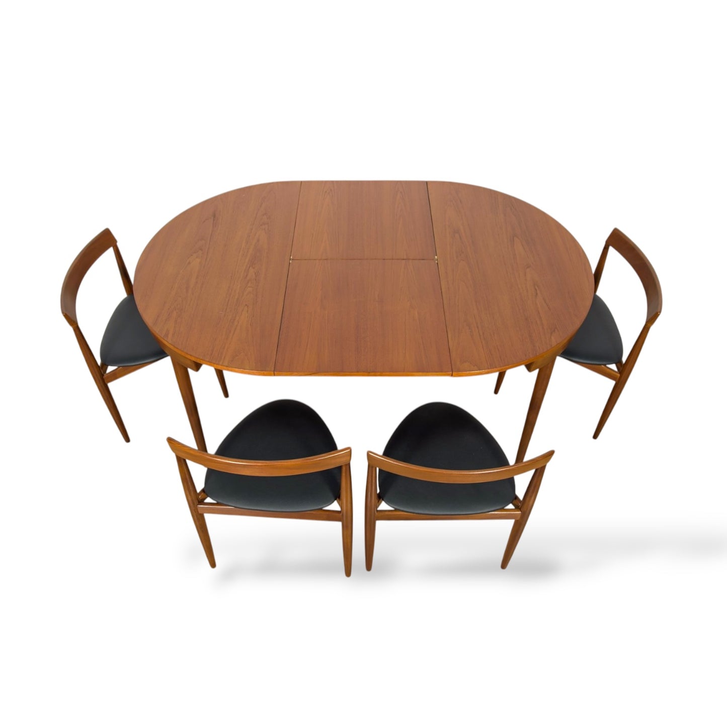 Hans Olsen Frem Røjle Teak Dining Set | Danish Mid Century Round Extending Table & 4 Tri-Leg Chairs