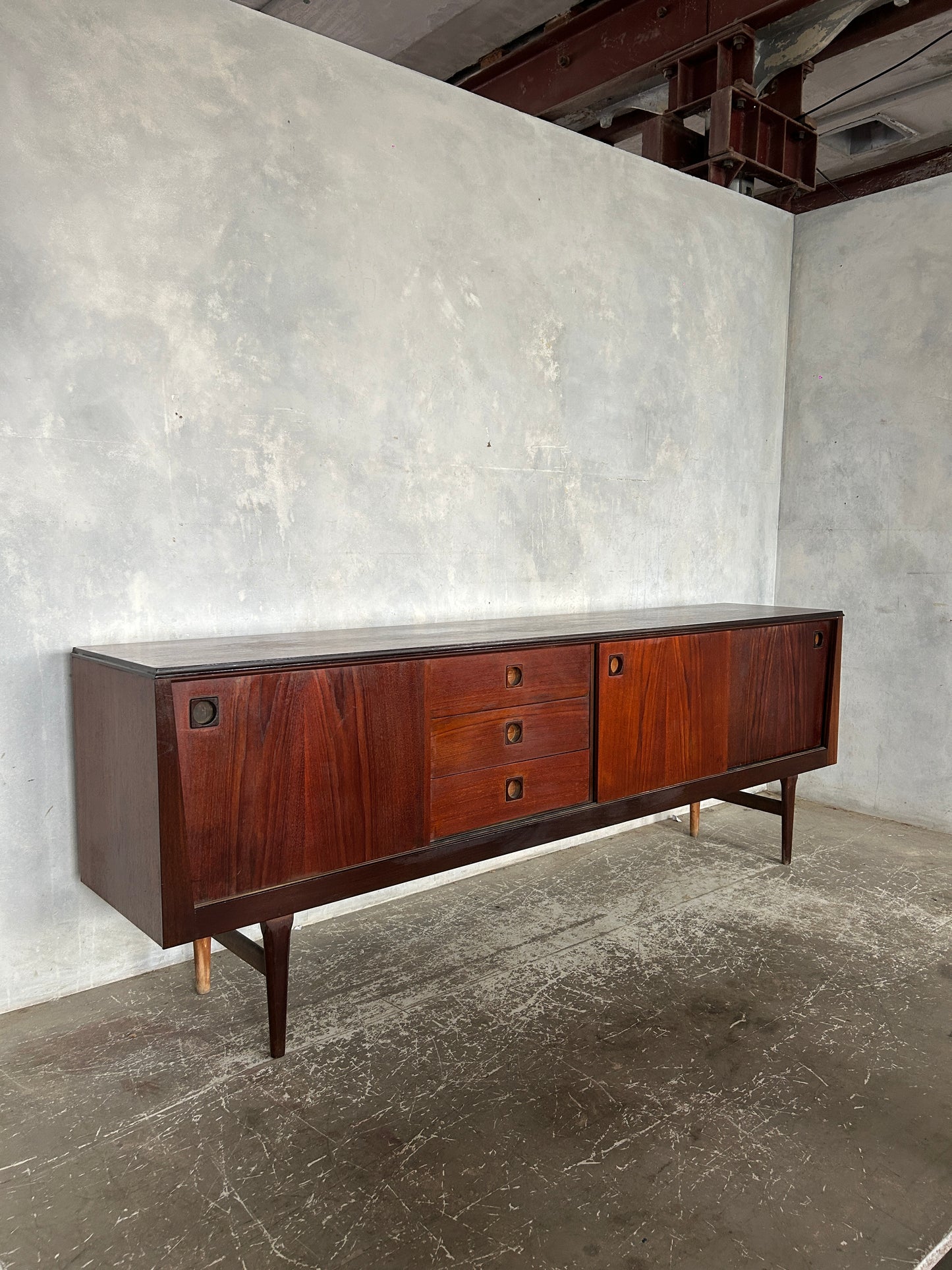 Danish Mid-Century Rosewood Sideboard | Vintage Long Credenza with Drawers & Sliding Doors