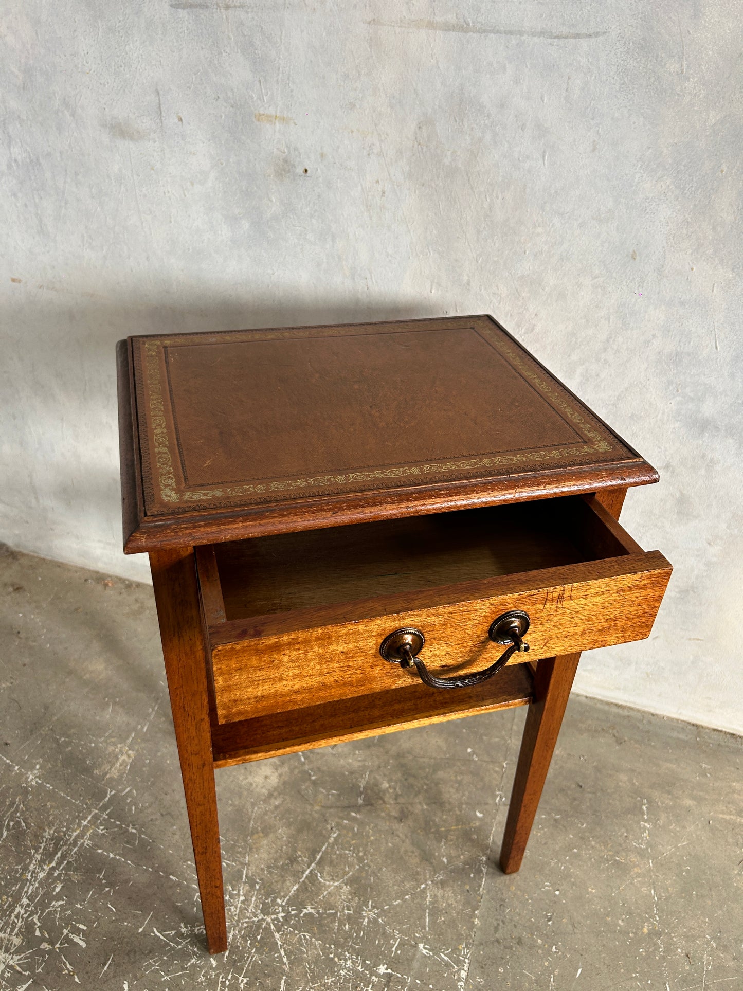 Vintage Oak Bedside Cabinet with Drawer & Leather Inlay Top | Antique Nightstand Table