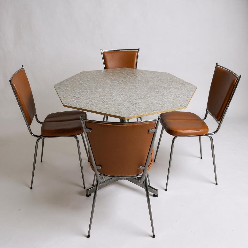 Mid Century Modern Hexagonal Formica Dining Table and French Leatherette Chairs Set