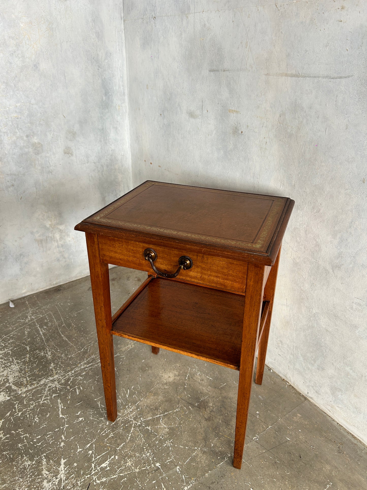 Vintage Oak Bedside Cabinet with Drawer & Leather Inlay Top | Antique Nightstand Table