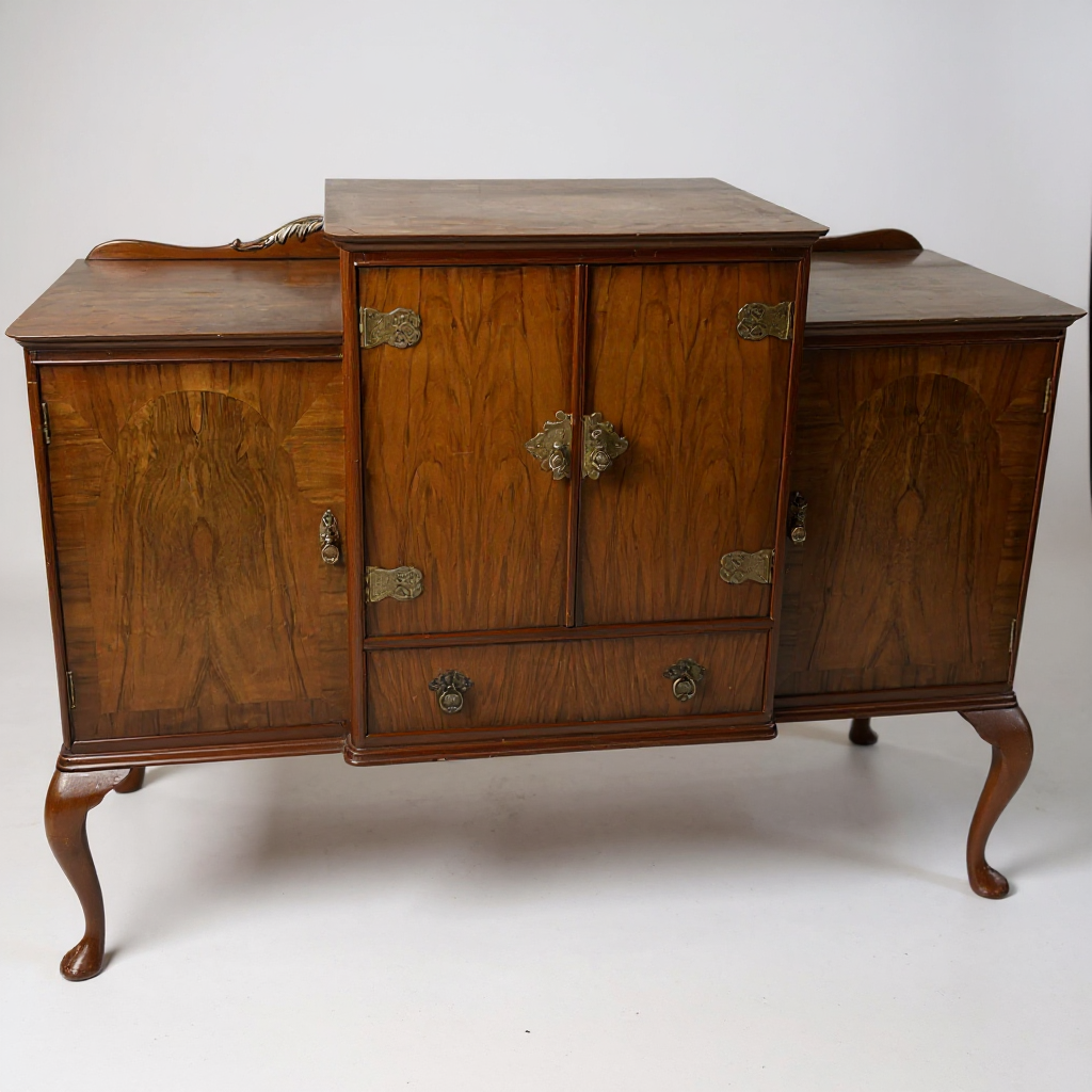 Queen Anne Walnut Sideboard | Vintage Drinks Cabinet with Brass Hardware