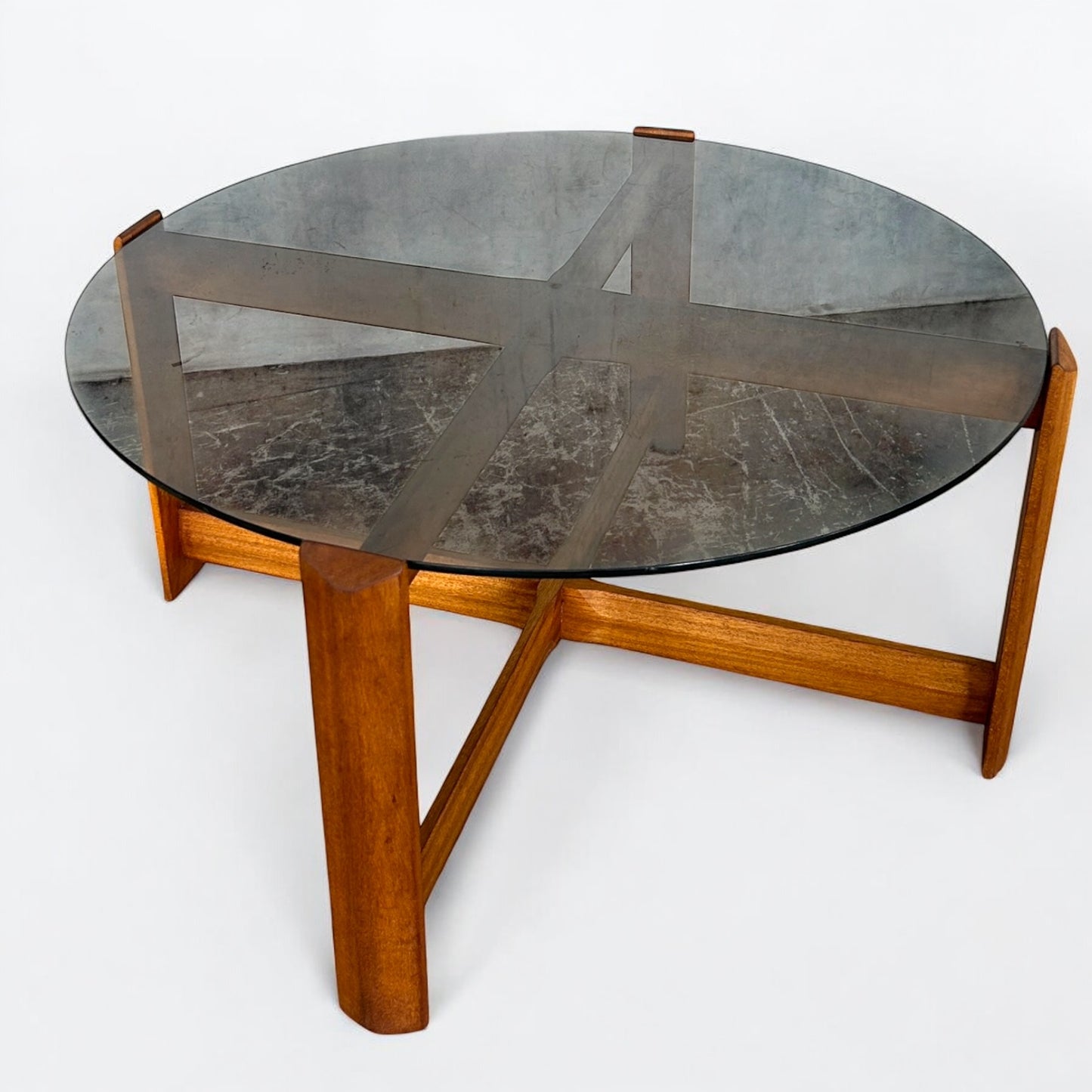 Mid Century Modern Myers Smoked Glass and Teak Wood Coffee Table