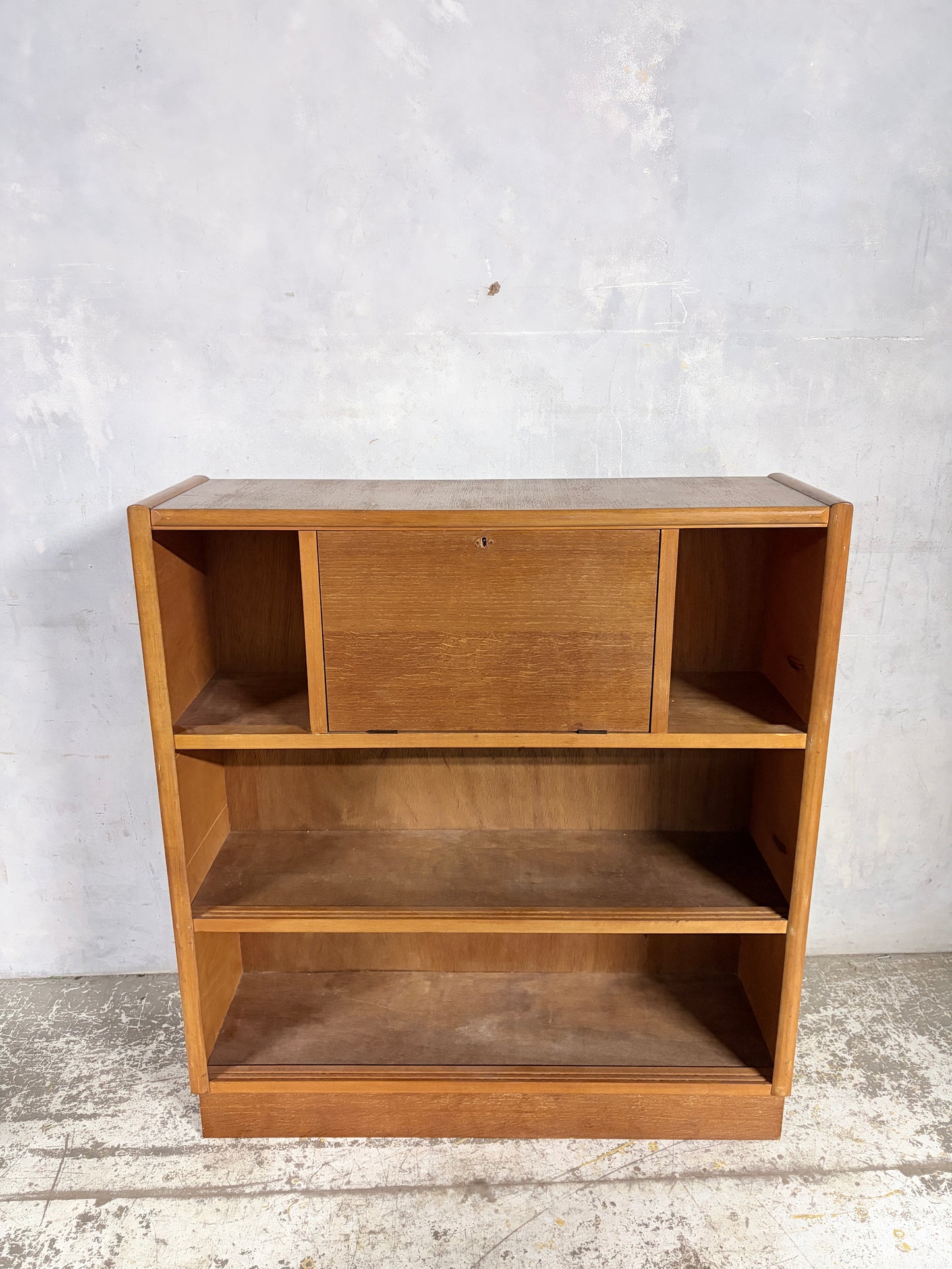 Nathan Oak Drop-Down Bureau Desk Cabinet with Sliding Glass Doors – Mid Century