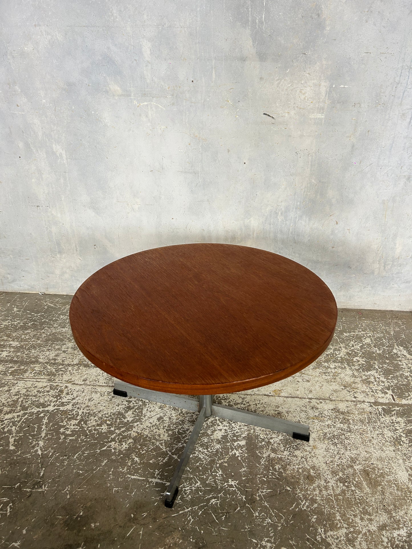 Danish Mid Century Round Coffee Table | Teak & Chrome Cross Base