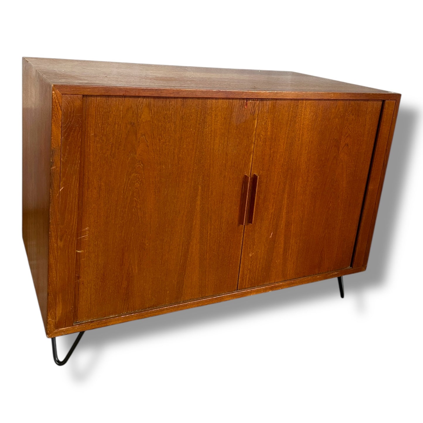 Mid Century Danish Teak Tambour Cabinet on Hairpin Legs | Vintage Sideboard Storage