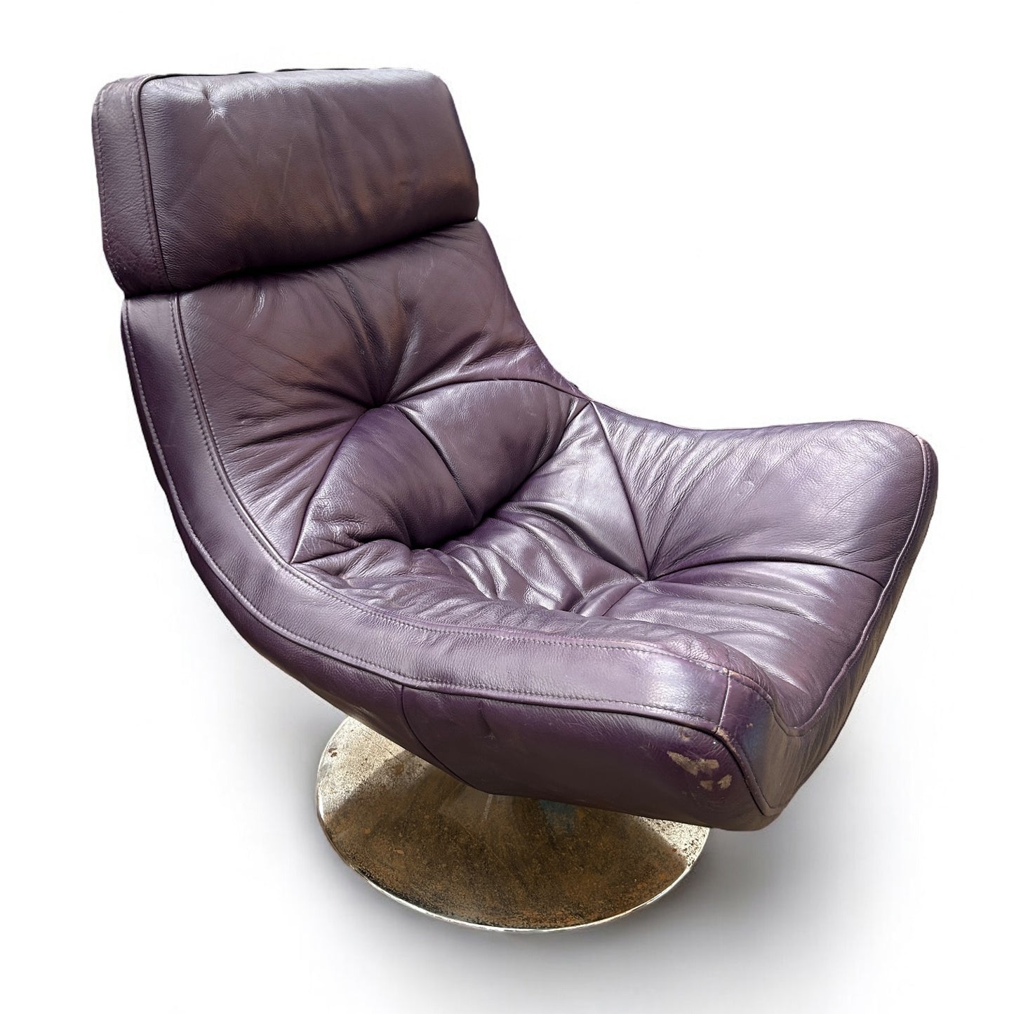 Mid Century Modern Purple Leather Swivel Egg Chair