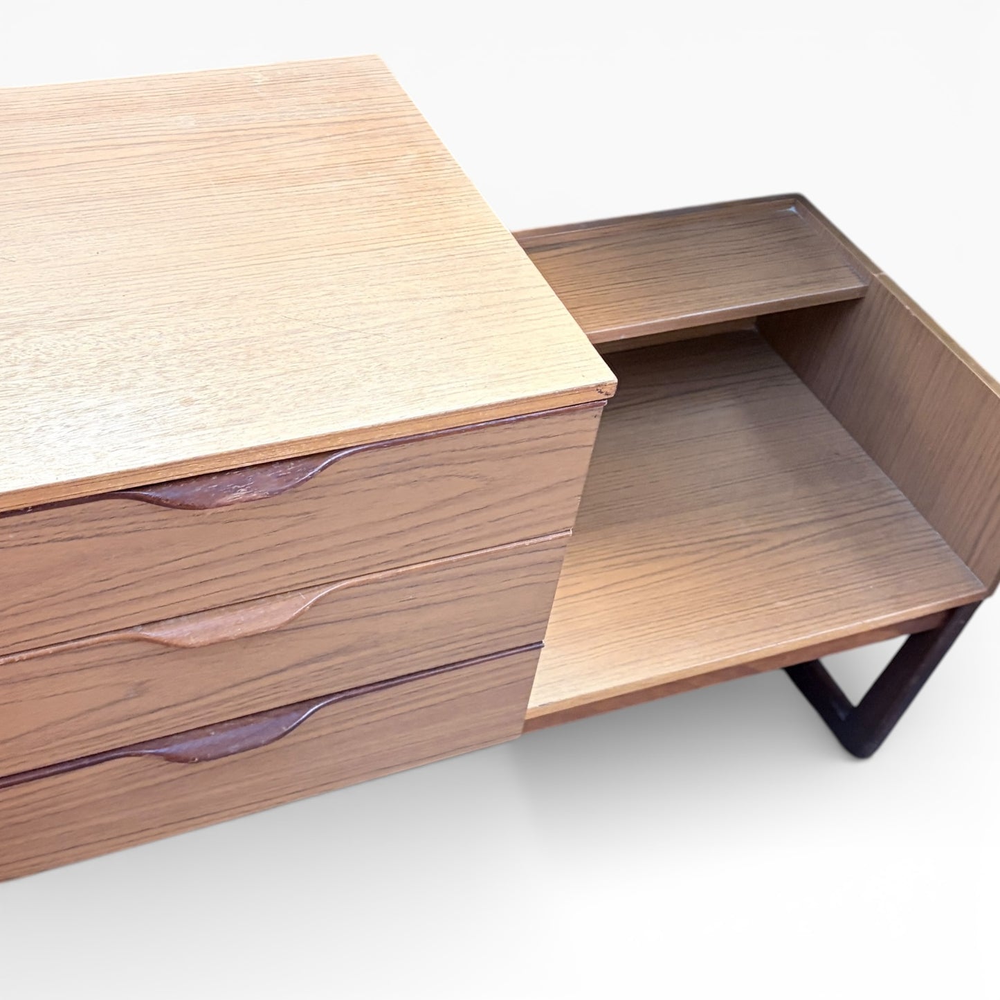 Mid Century Telephone Bench – Teak Storage Bench with Three Drawer Unit & Shelf