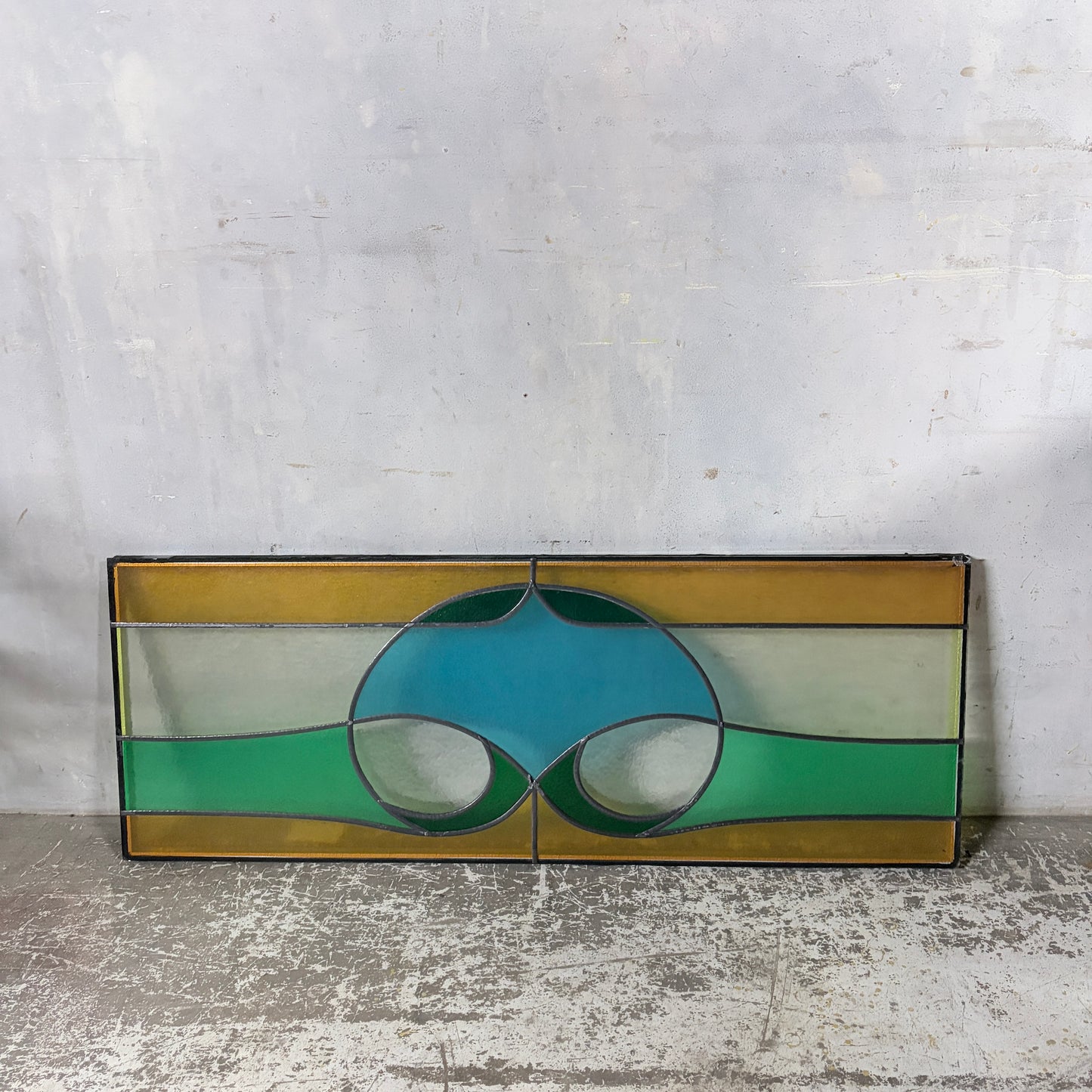 Vintage Stained Glass Window Panel – Geometric Leaded Glass in Green, Amber & Blue