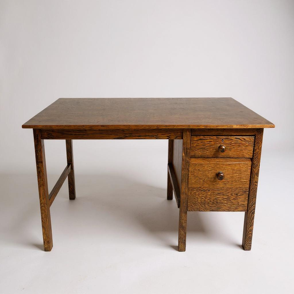 Rustic Oak Mid Century School Desk – Vintage Writing Table MCM Retro Office