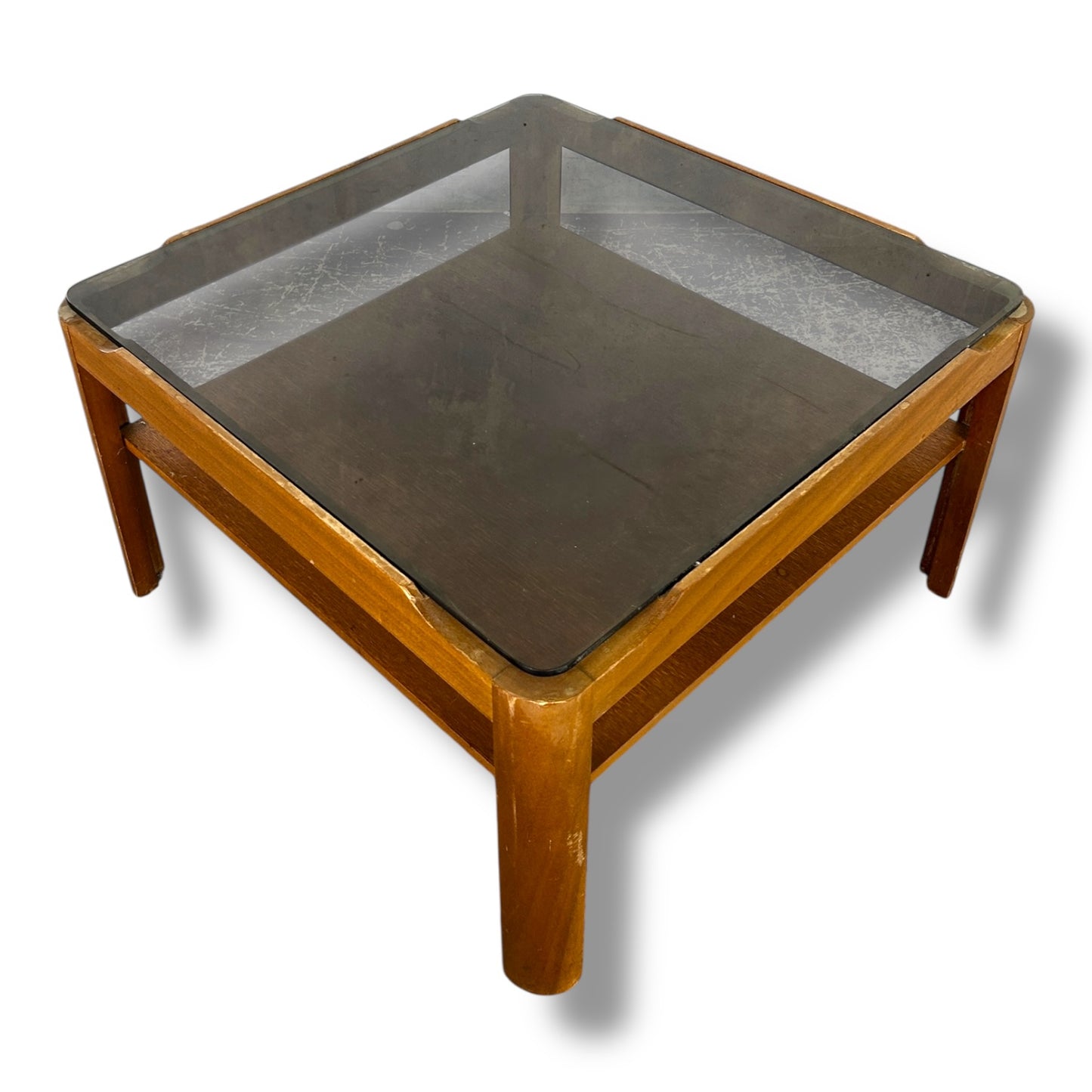 Myers Square Coffee Table | Mid Century Smoked Glass Top with Shelf