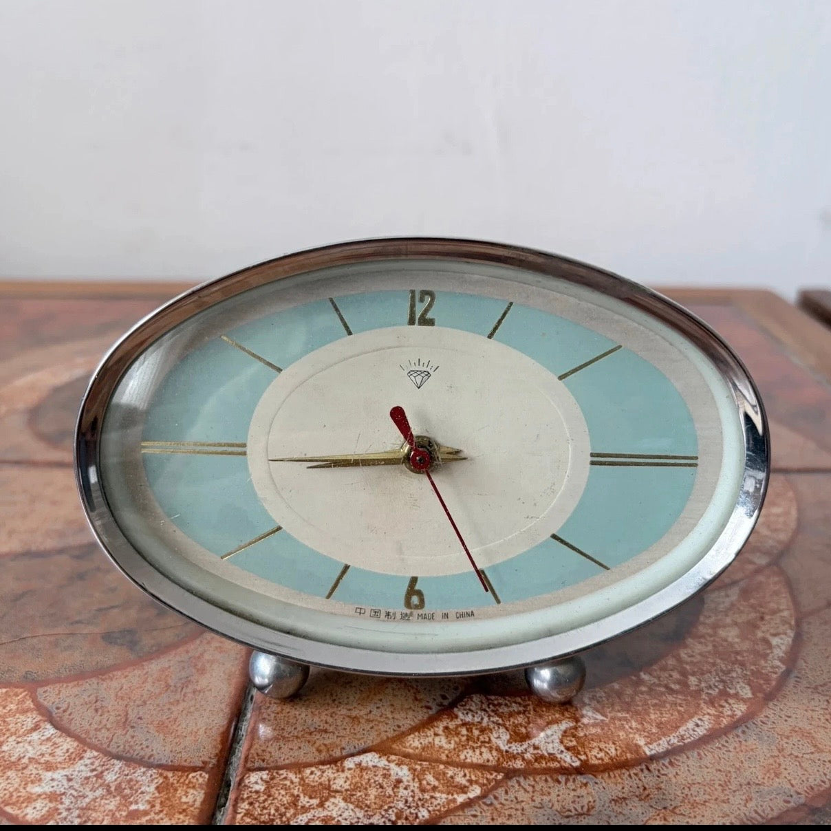 Mid Century Atomic Oval Alarm Clock | Blue & Cream Desk Clock