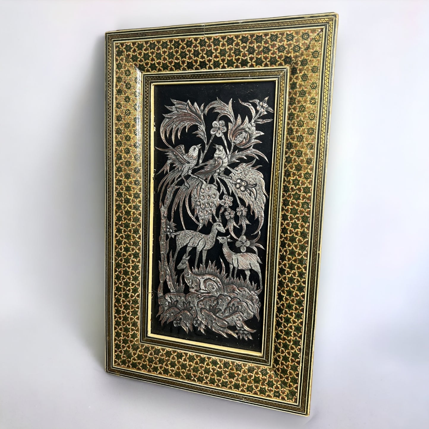Vintage 1950s Persian Khatam Mosaic Copper Framed Art