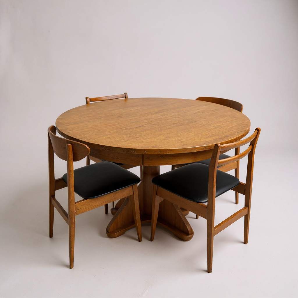 Vintage Round Extendable Dining Table | Mid Century Teak Pedestal Base Table
