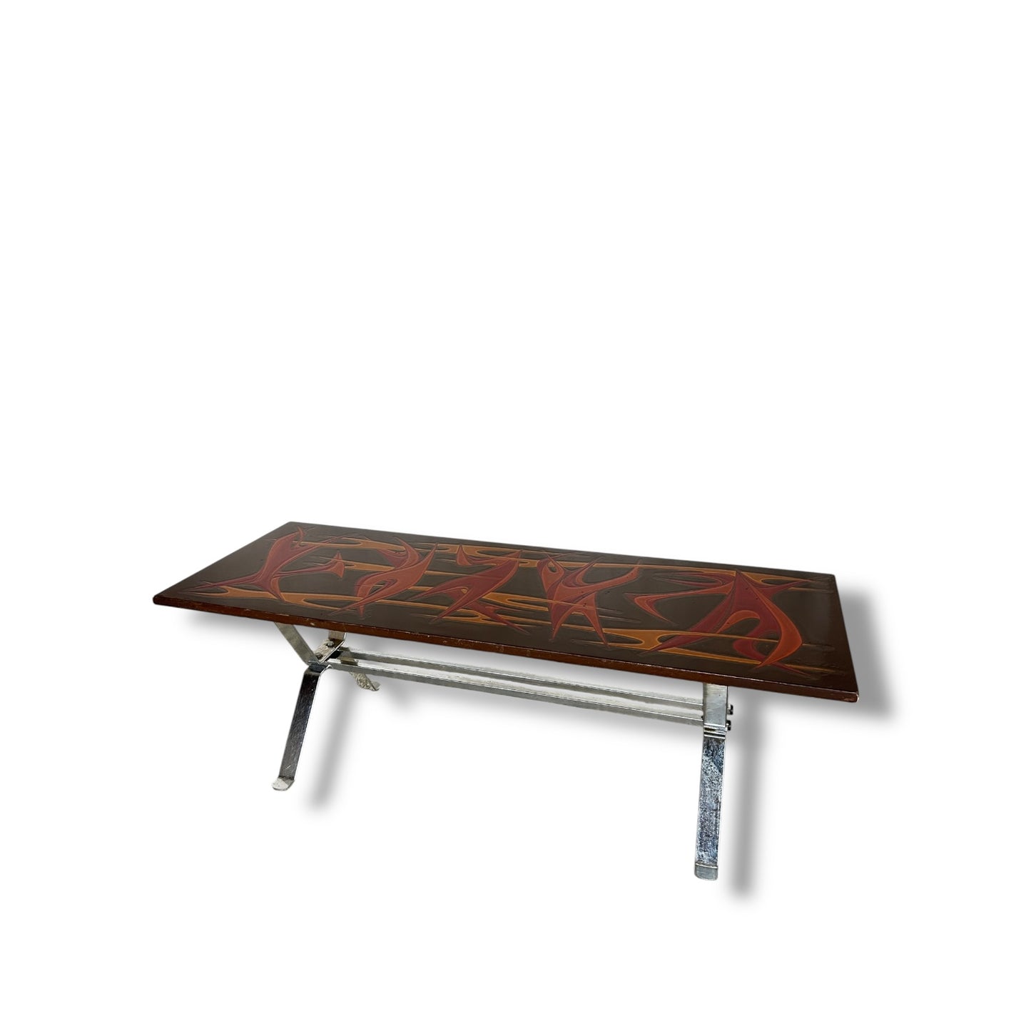 Mid Century Modern Flames Hand Painted Top Chrome Coffee Table