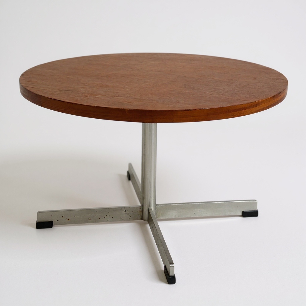Danish Mid Century Round Coffee Table | Teak & Chrome Cross Base