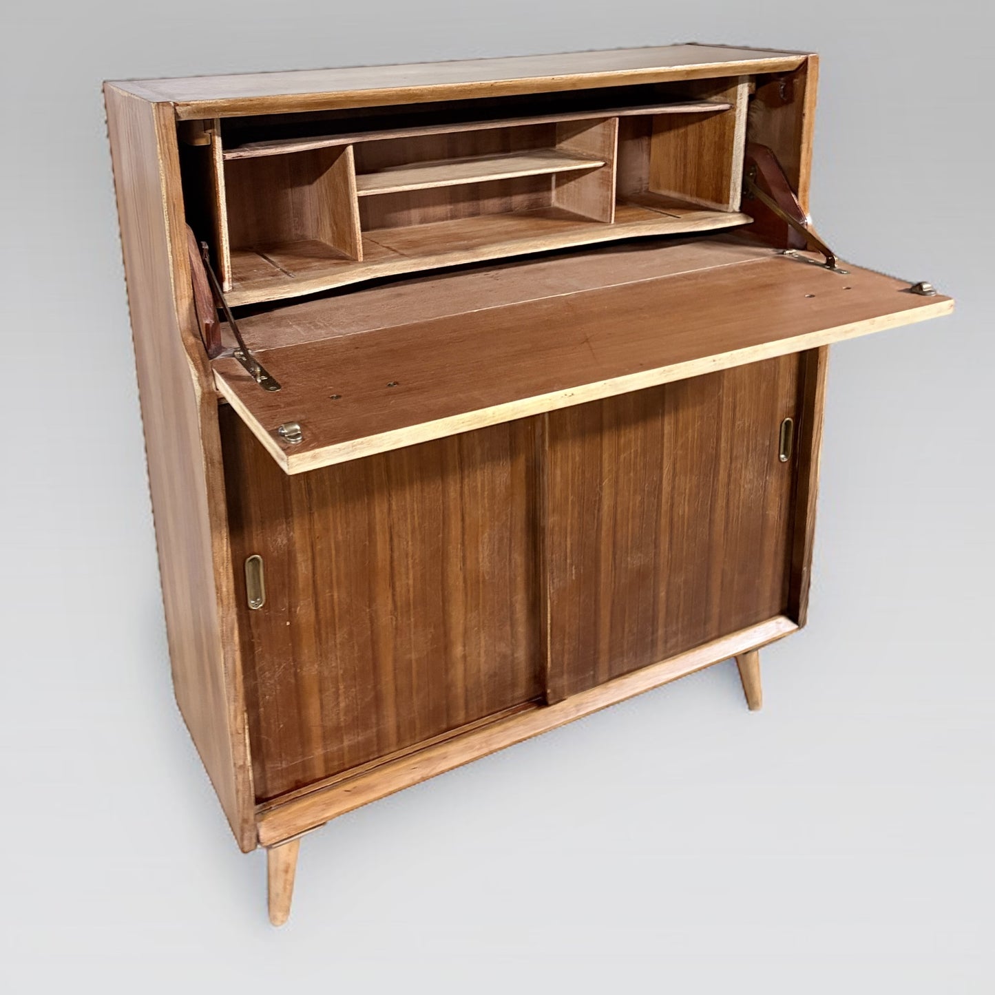 Mid Century Writing Bureau – Vintage Walnut Teak Compact Drop Front Desk