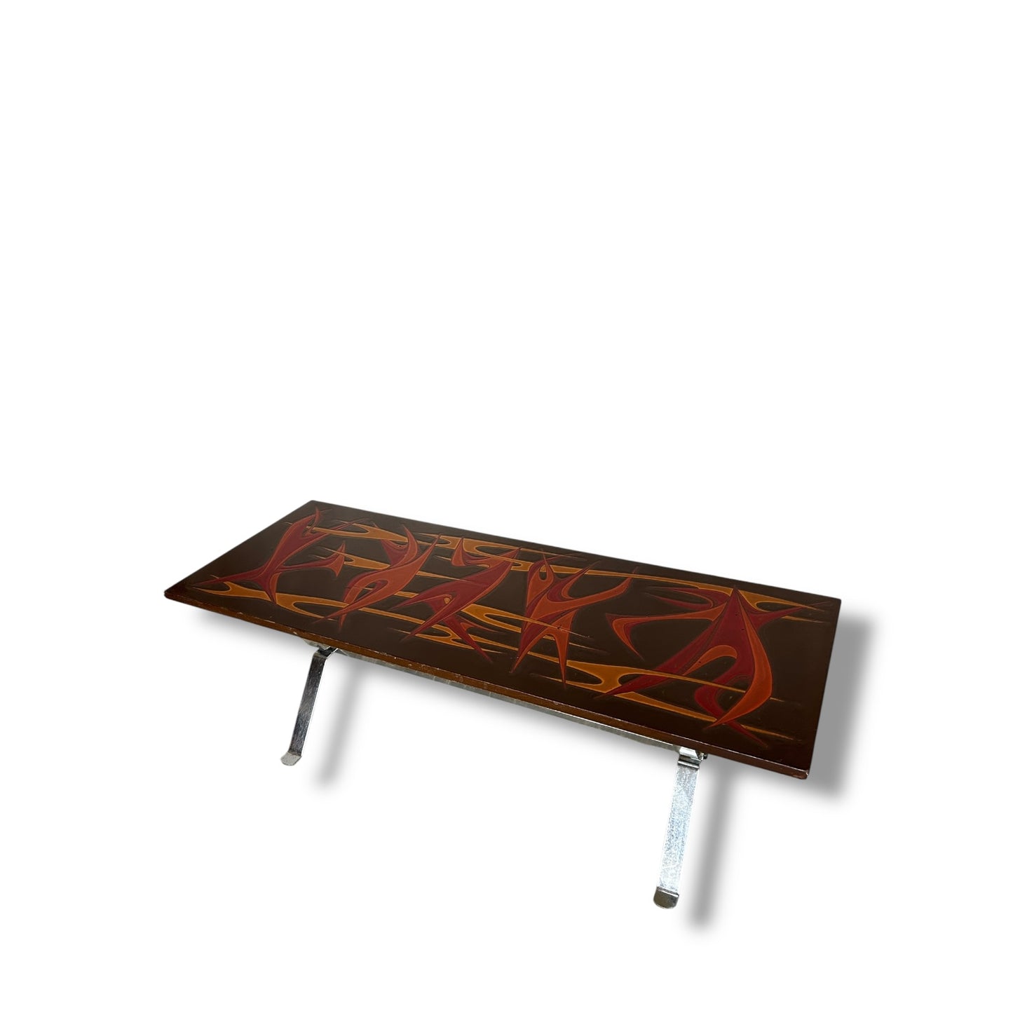Mid Century Modern Flames Hand Painted Top Chrome Coffee Table