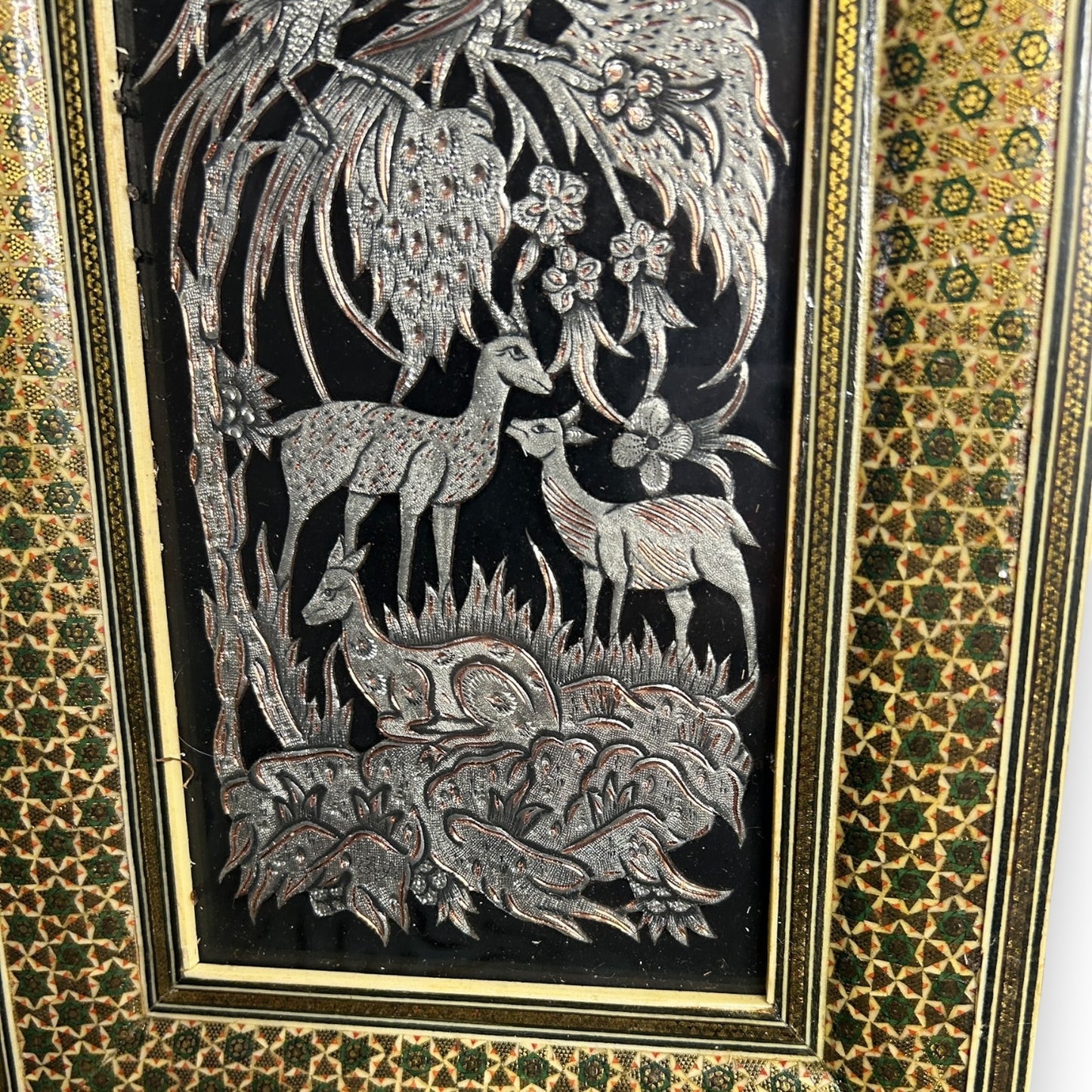 Vintage 1950s Persian Khatam Mosaic Copper Framed Art