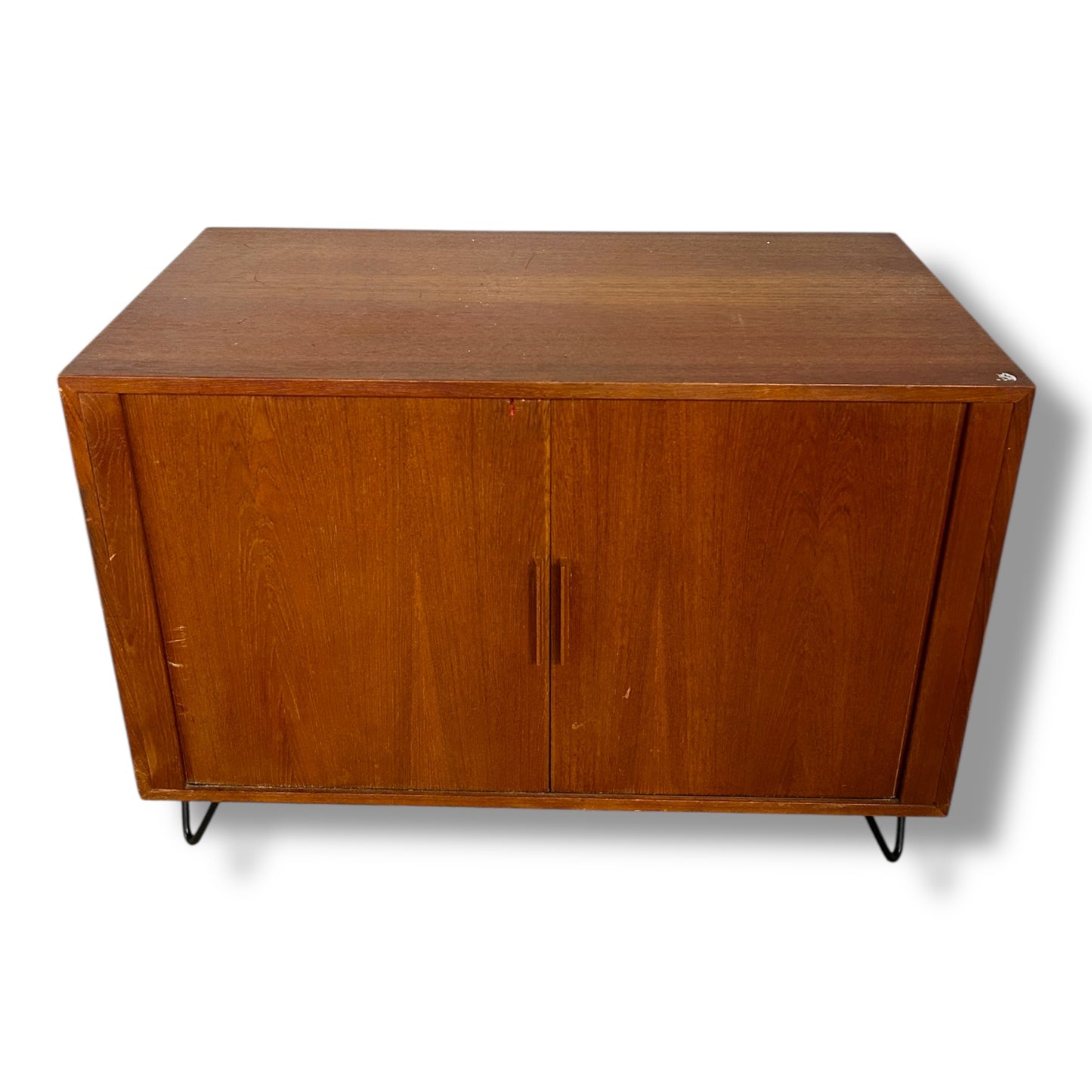 Mid Century Danish Teak Tambour Cabinet on Hairpin Legs | Vintage Sideboard Storage