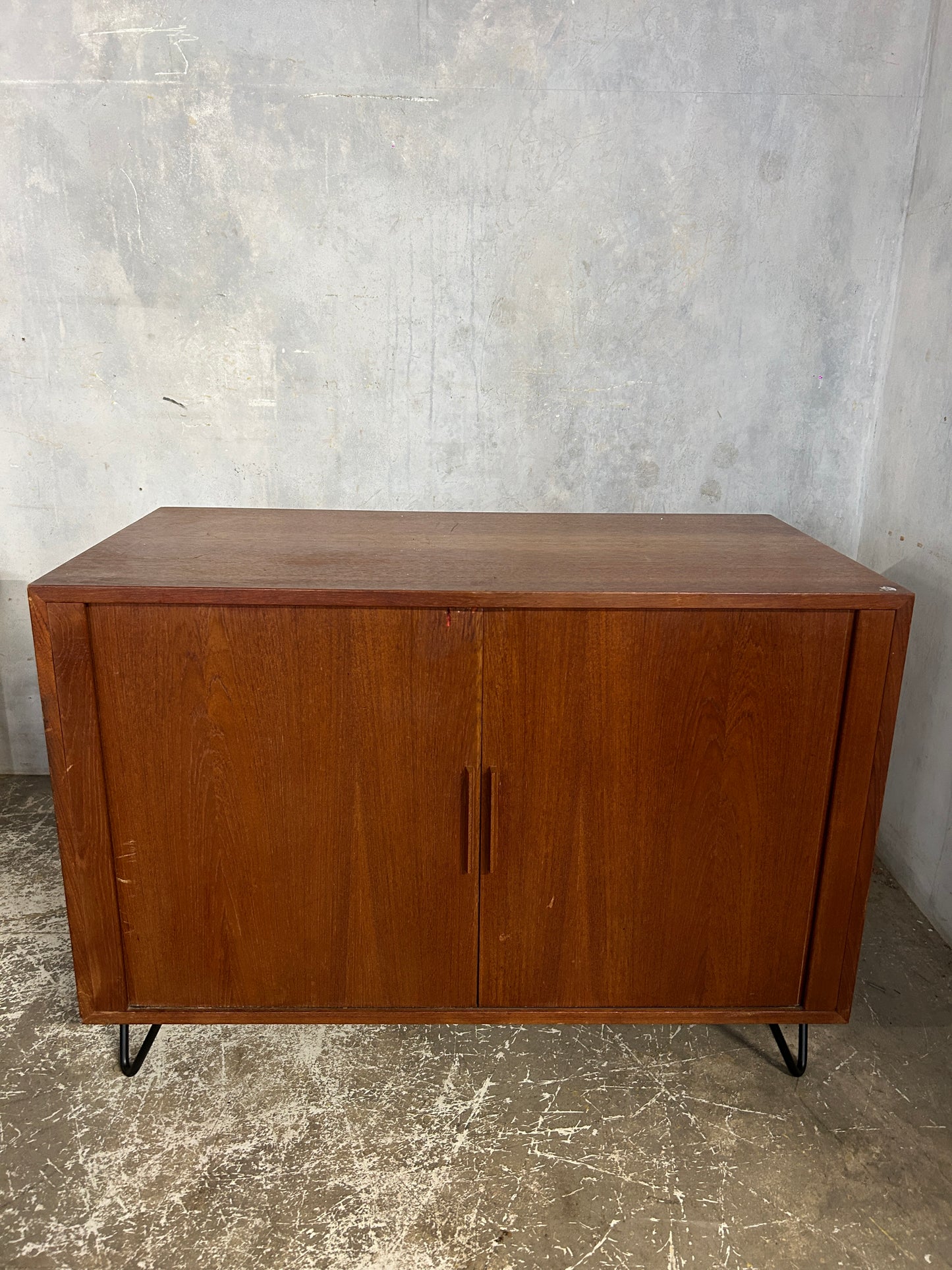 Mid Century Danish Teak Tambour Cabinet on Hairpin Legs | Vintage Sideboard Storage