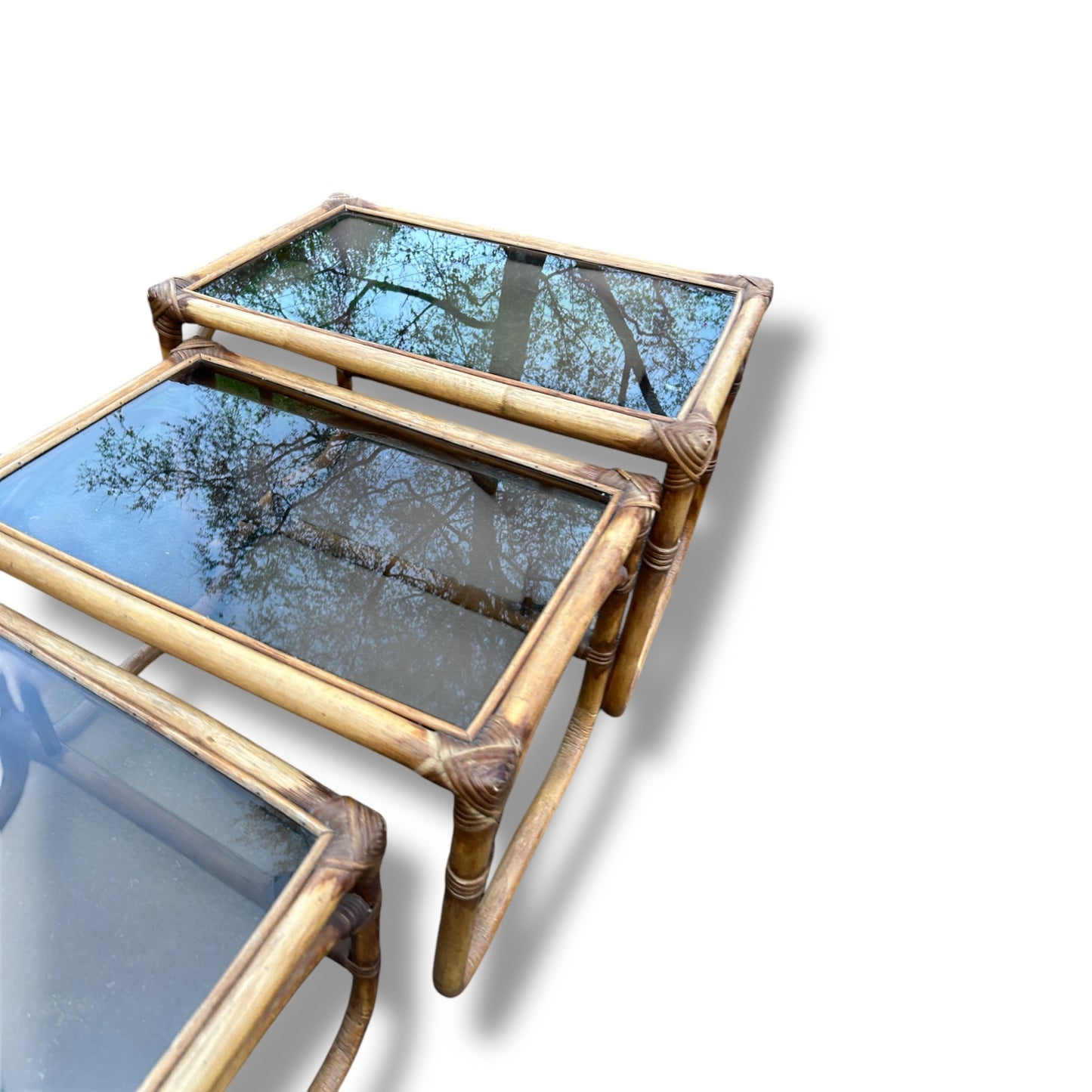 Mid Century bamboo and smoked glass nest of tables