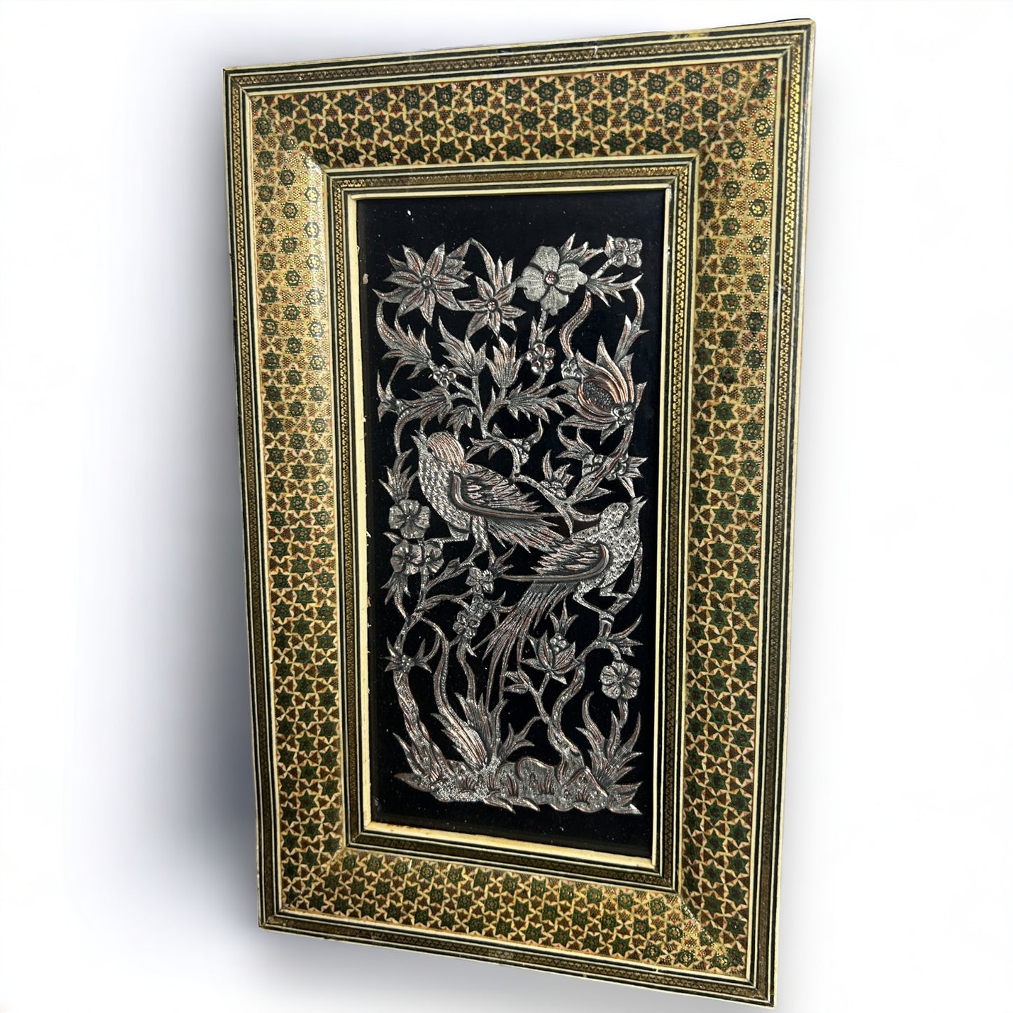 Vintage 1950s Persian Khatam Mosaic Copper Framed Art