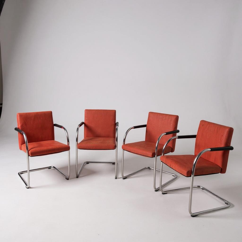 Set of 4 Vintage Vitra “Visasoft” Dining / Meeting Chairs – In Dark Red Fabric and Chrome