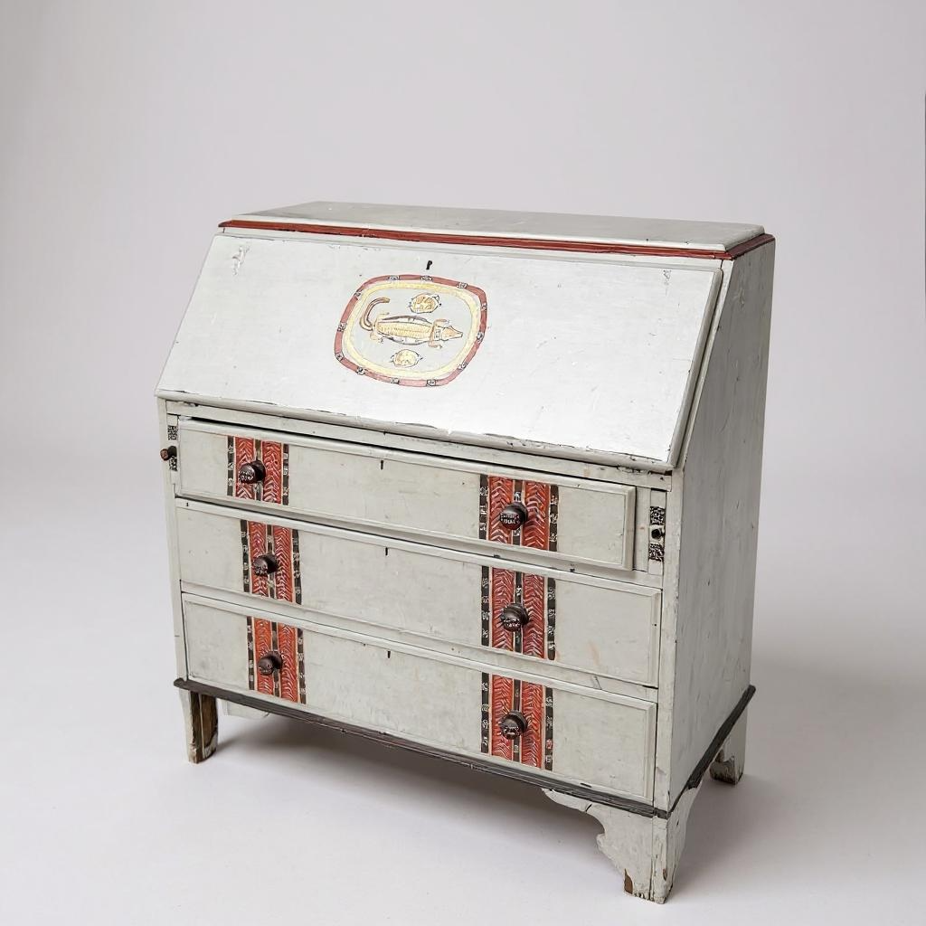 Vintage Handpainted Aboriginal Art Quirky Bureau Secretary Desk